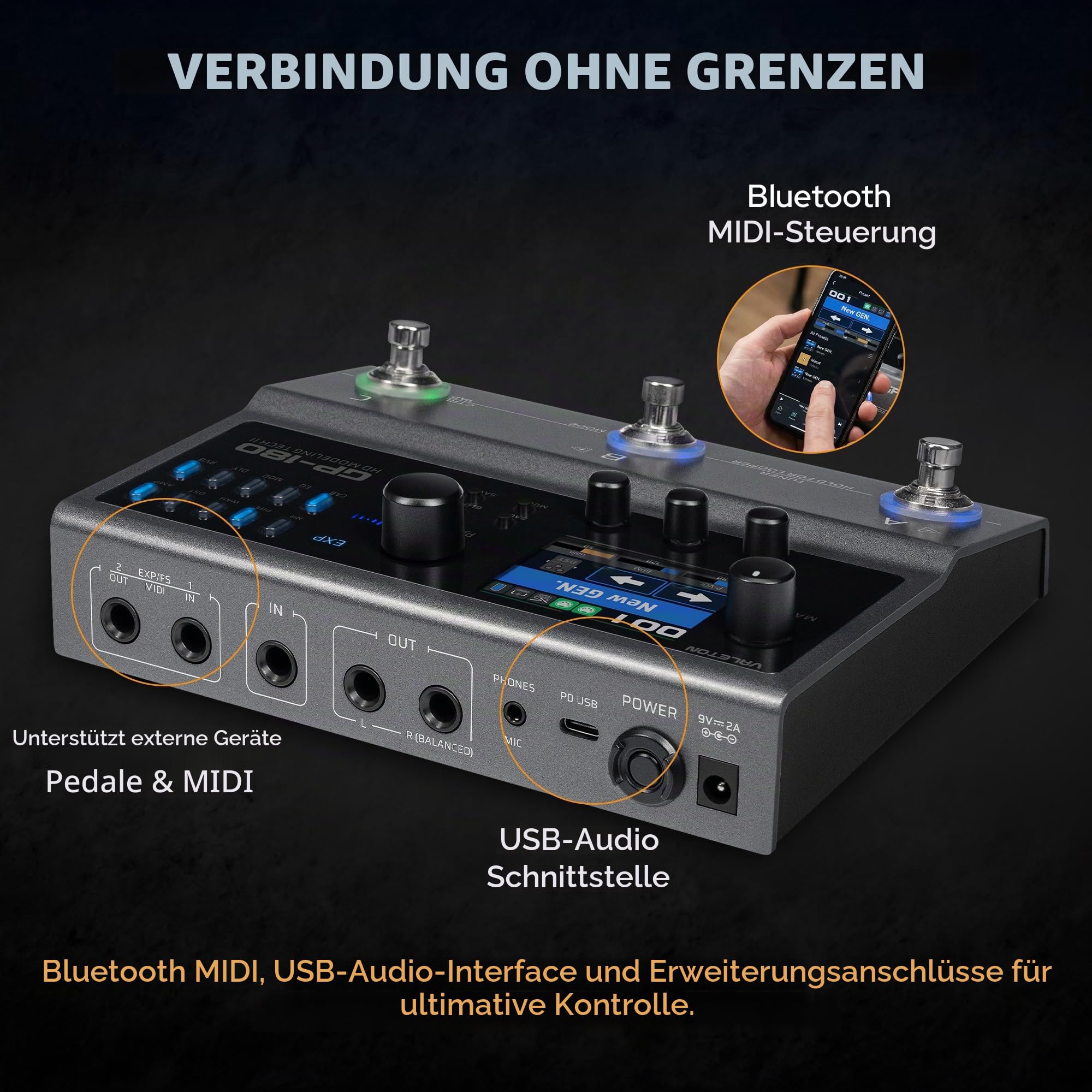 Valeton GP-180 Gitarren-Multieffektpedal – Über 200 Effekte, NAM- und IR-Loader, 12-Modul-Signalkette, 6-In/4-Out USB-Audio-Interface, Bluetooth, Looper und Drumcomputer