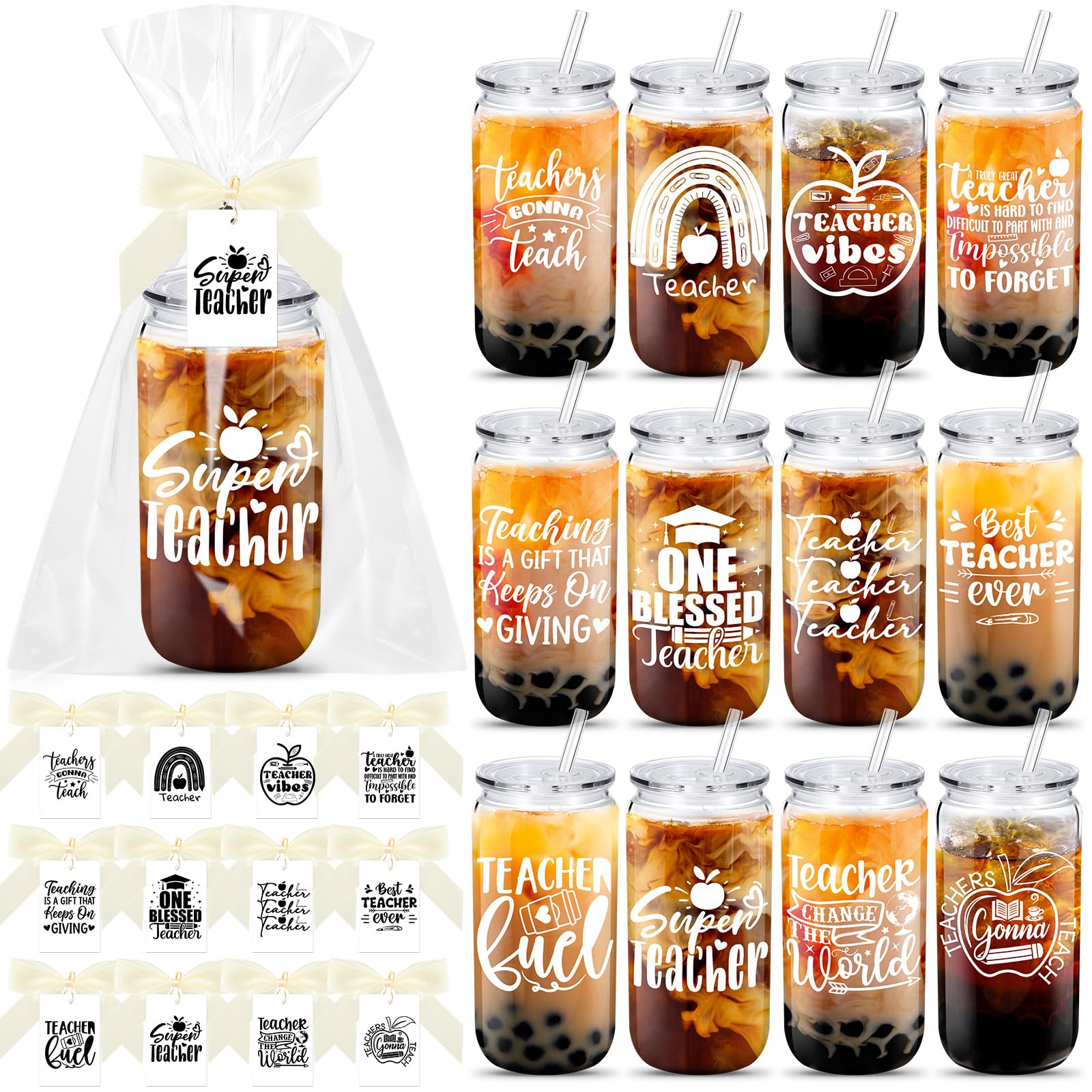 Teenyyou 12 Set Christmas Teacher Gifts Bulk 16 oz Hard Plastic Teacher Appreciation Cups with Bow Tag and Bag, Shatterproof Reusable Mason Jar Cups