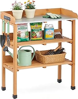 Wooden Potting Bench Table, Outdoor Garden Table Work Bench with Shelf, Workstation for Outside Lawn Patio