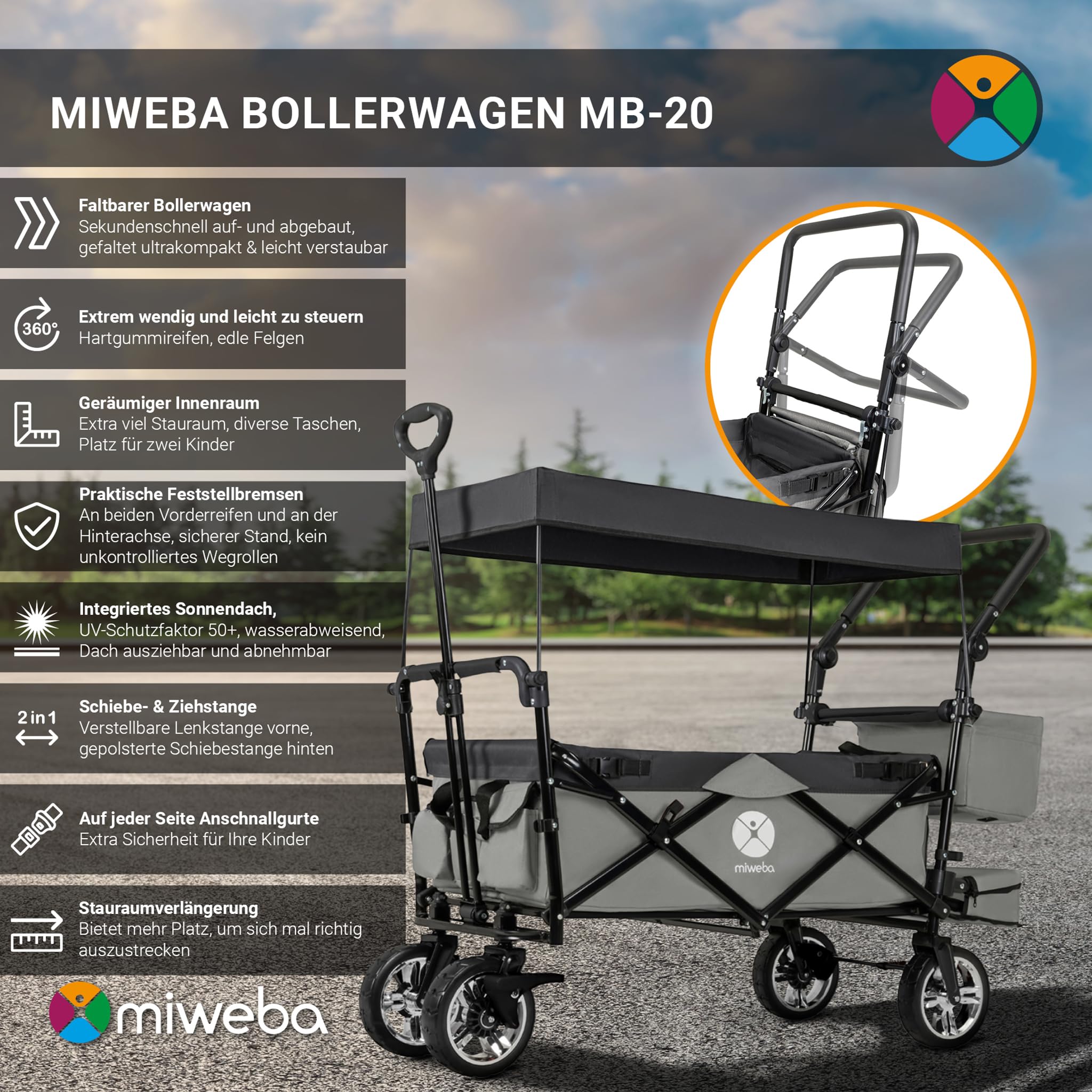 Miweba Faltbarer Bollerwagen MB-20 | Sonnendach UV-beständig - 2X Anschnallgurte - Transportwagen für Kinder - Traglast 100 Kg - Wagen - Feststellbremse - Hartgummireifen (Grau)