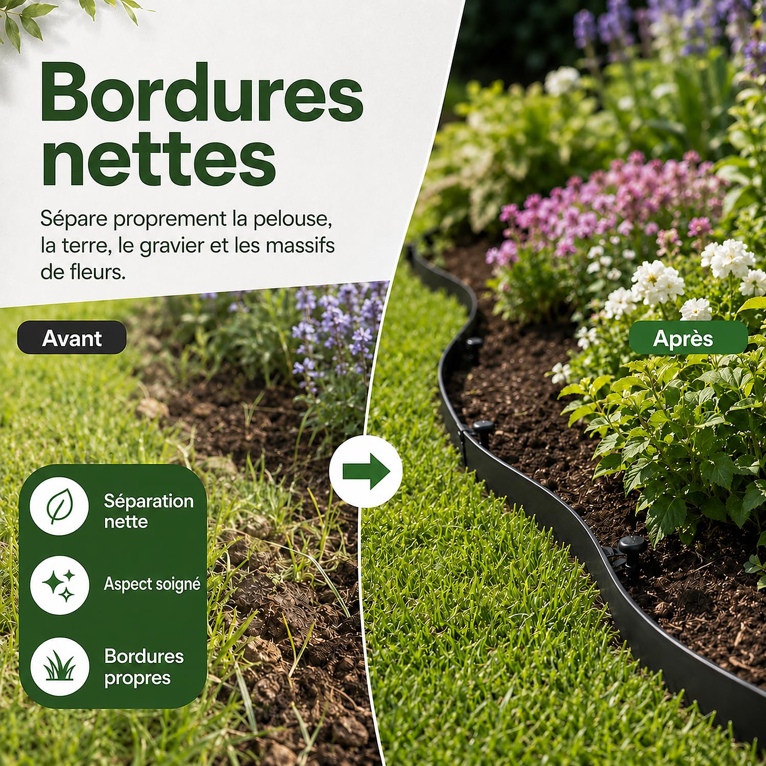Bordure de Jardin 20 m x 5 cm, Bordure de Pelouse Flexible en PE avec 60 Piquets, Bordure à Planter sans Creuser, Découpable, pour Massifs, Allées, Gravier et Jardin
