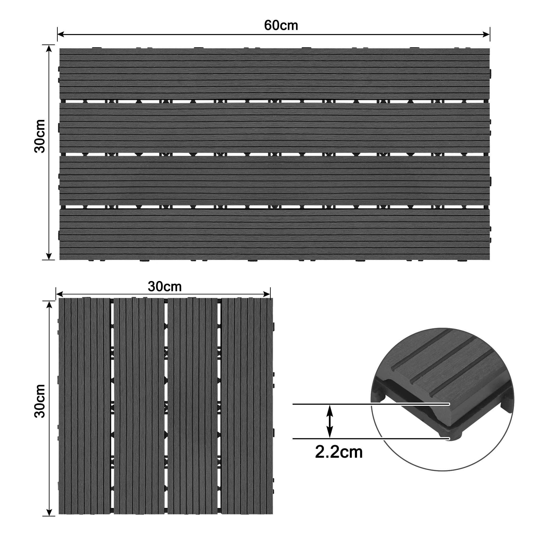NAIZY Lot de 12 lames de terrasse WPC - 30 x 60 cm - Avec système à clic - Revêtement de sol pour balcon et jardin - 2 m² - Anthracite
