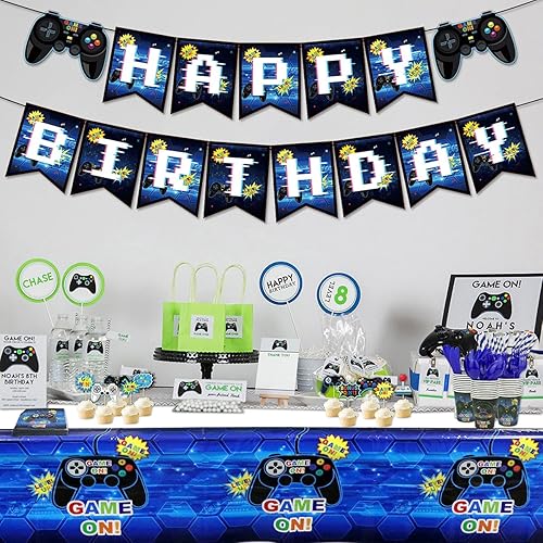 Miniatura 3 de Suministros para fiestas de videojuegos Kit de decoración de cumpleaños para niños, incluye pancarta de feliz cumpleaños, platos, vasos,