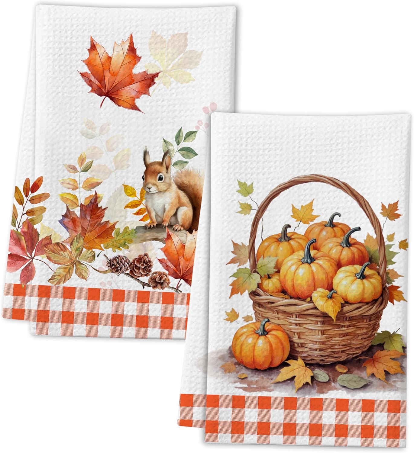 Fall Pumpkin Kitchen Towel – 2 Pcs Seasonal Dish Towel, 16 x 24 Inches, Thanksgiving Maple Leaves Hand Towels for Home, Bathroom, or Holiday Decor – D04