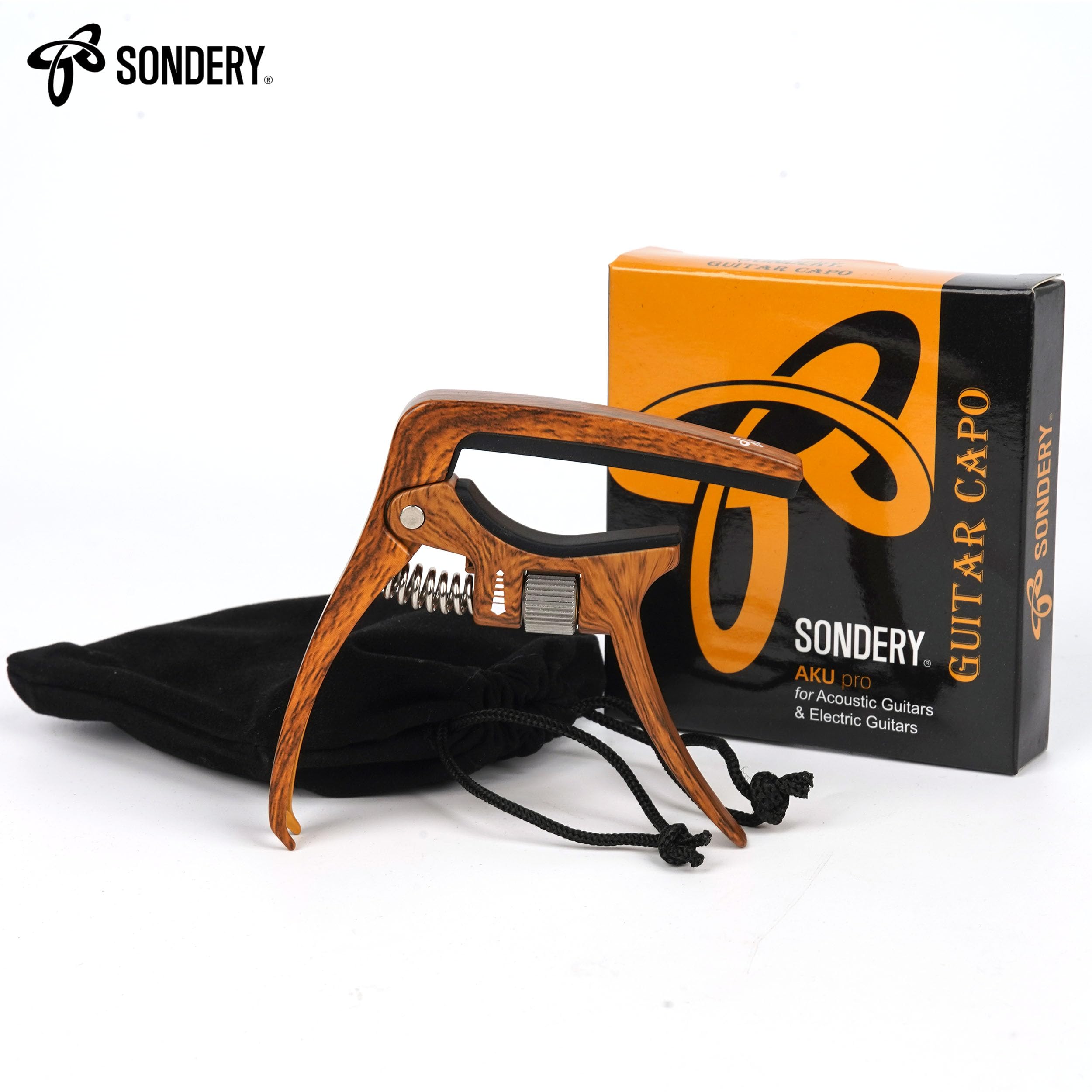 Sondery Capo Professional do gitar akustycznych i elektrycznych, regulowane napięcie spustu dla idealnego brzmienia, ze sznurkiem ściągającym, twardy materiał cynkowy