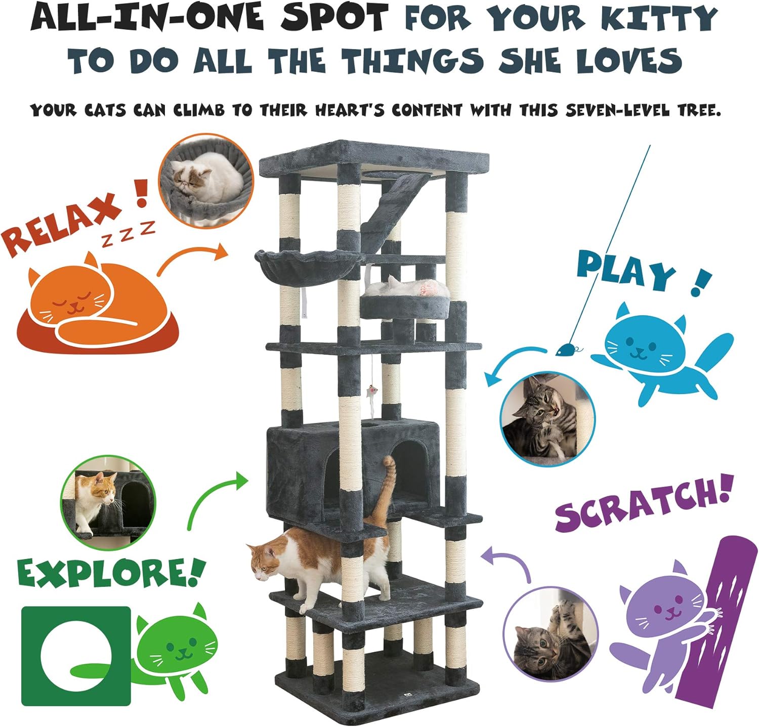 review MWPO 74.8 inches Large Cat Tree with Sisal-Covered Scratching Posts & Condo, Tall Cat Tower Entertainment Playground Furniture for Cats & Kittens - Multiple Colors-Smoky Gray