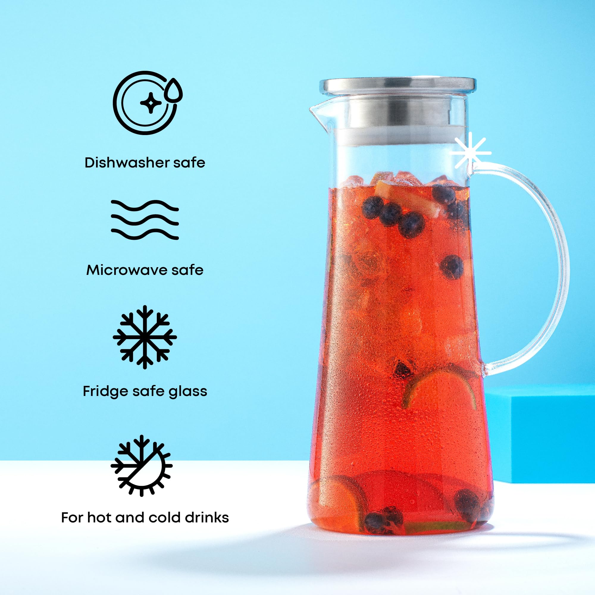 JoyJolt Glaskrug mit Deckel - 1,4 l Borosilikatwasserkaraffe, Krug mit Edelstahldeckel für Eistee, Limonade, Saft, Mixgetränke