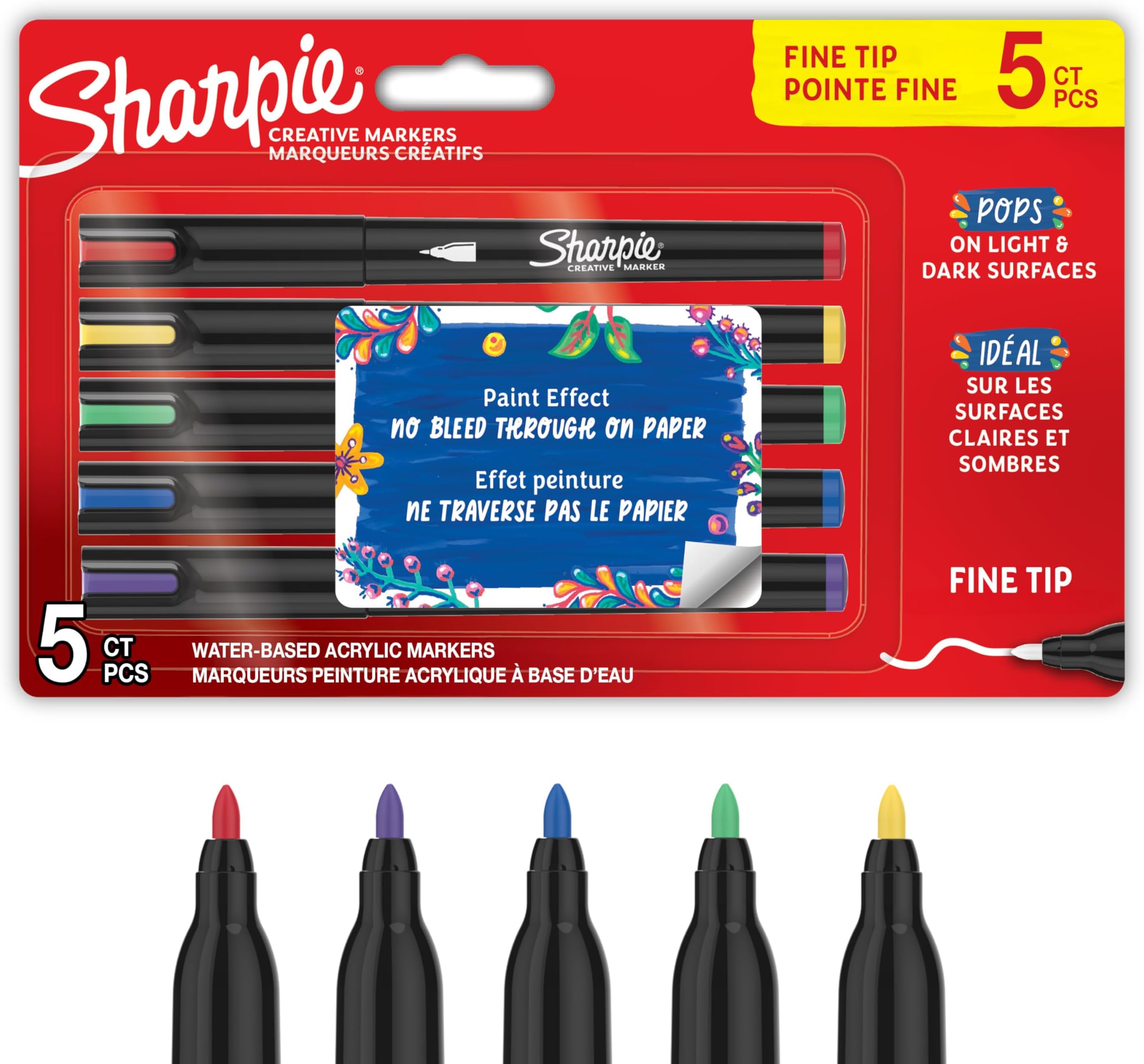 Creative Marker Acrylic Paint Pens | Water-Based Paint Markers | No-Bleed Ink Writes on Most Surfaces | Fine Tip | Crafting & Art Supplies | Assorted Colours | 5 Count