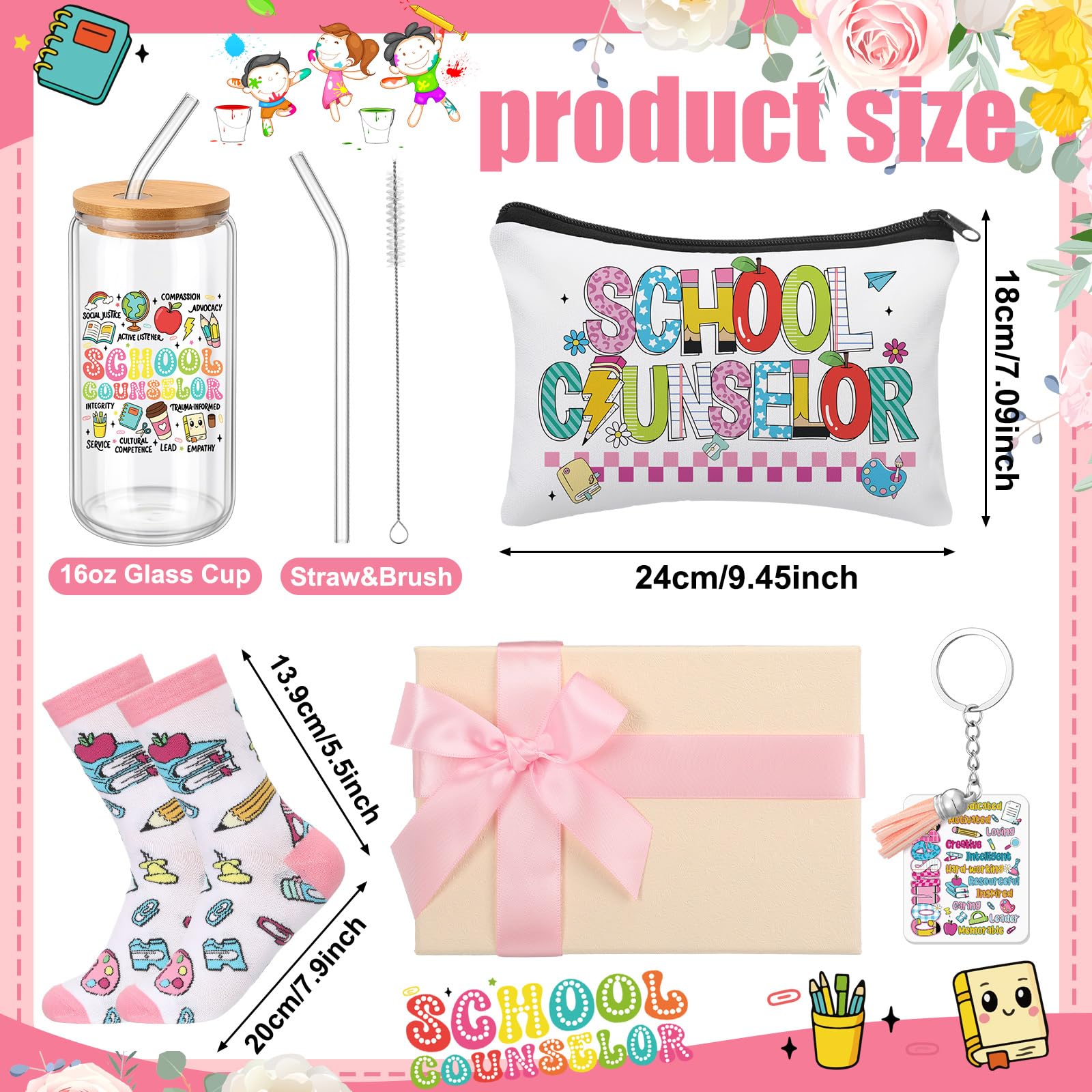 Skylety 5 Pcs School Counselor Week Gifts for Women Counselor Appreciation Gift Glass Cup Sock Cosmetic Bag Badge Holder Thank You School Counselors Gift Box for Schools Counseling Week Teacher