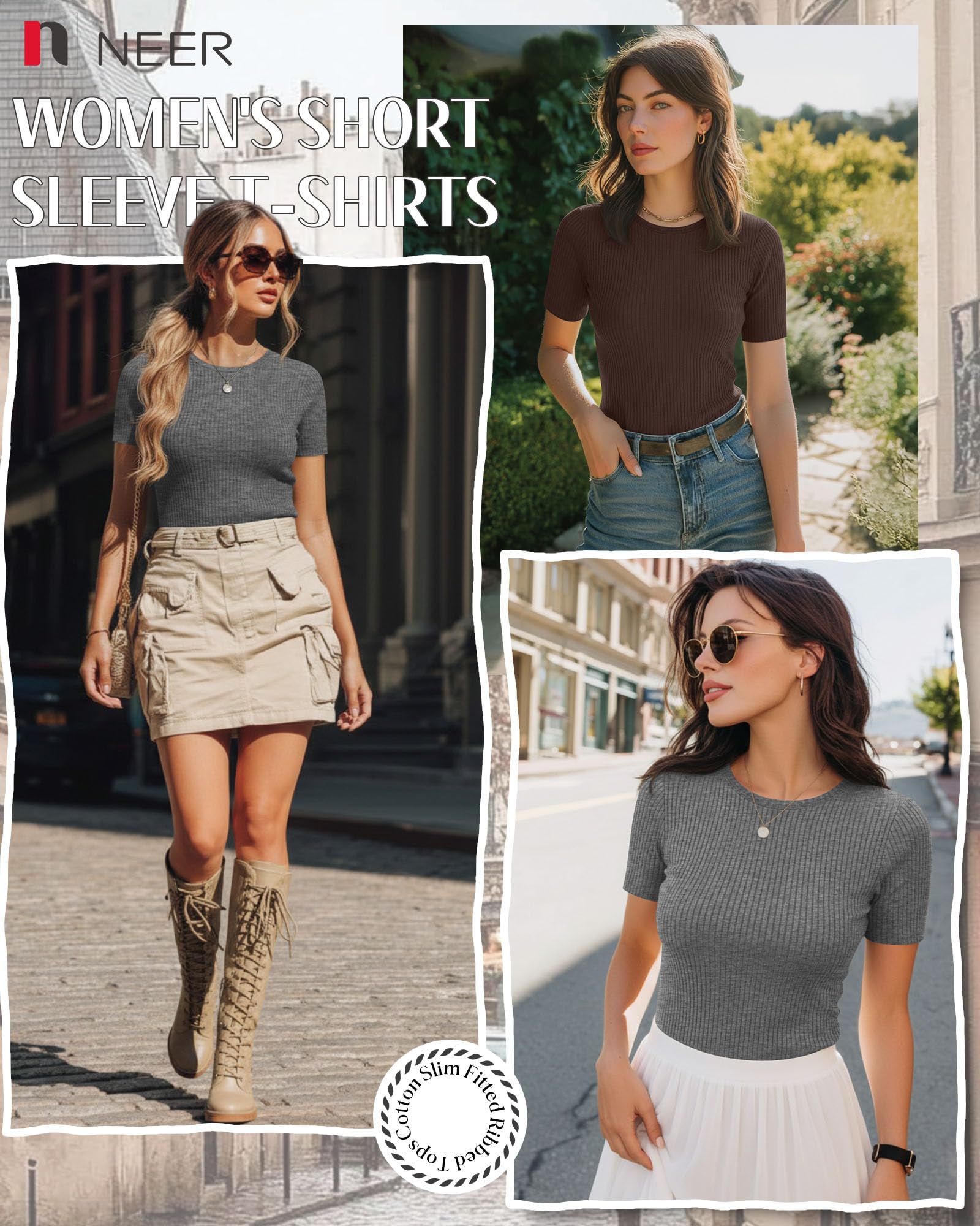 Neer Paquete de 4 camisetas acanaladas de algodón de manga corta para mujer, camisetas básicas de cuello redondo, camisas casuales de moda de verano 2026