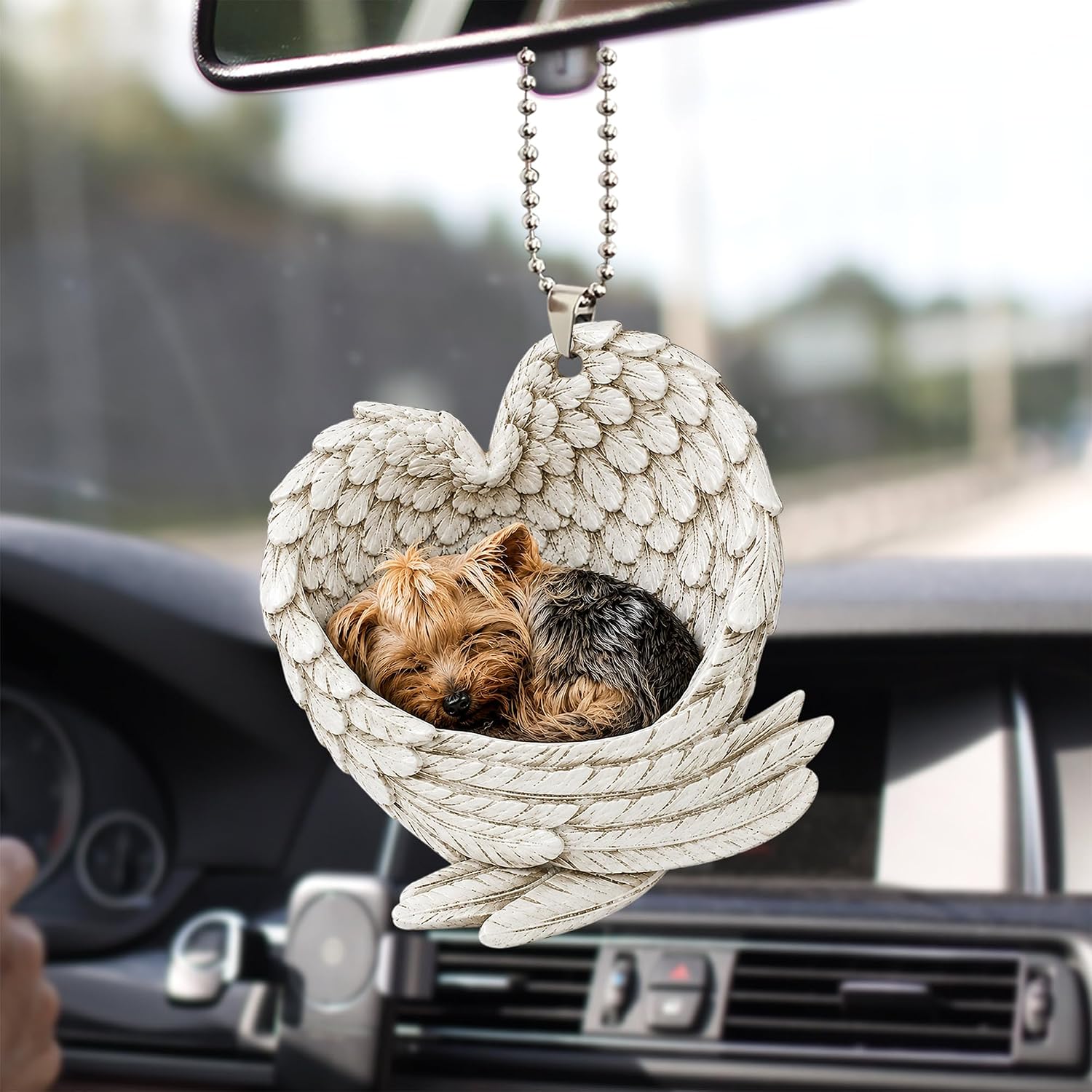 Talataca Yorkshire Terrier Yorkie Shorkie Sleeping Angel Wings Dog 2D Flat Car Rear View Mirror Accessories Christmas Tree Ornament Decoration Hanging Charm Interior Rearview Pendant Decor Gift