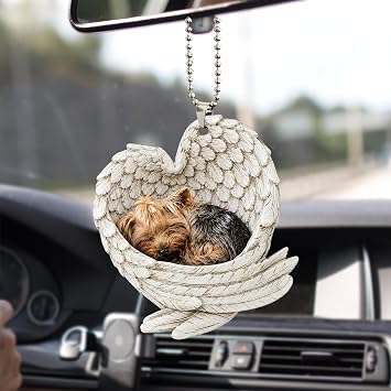 Talataca Yorkshire Terrier Yorkie Shorkie Sleeping Angel Wings Dog 2D Flat Car Rear View Mirror Accessories Christmas Tree Ornament Decoration Hanging Charm Interior Rearview Pendant Decor Gift