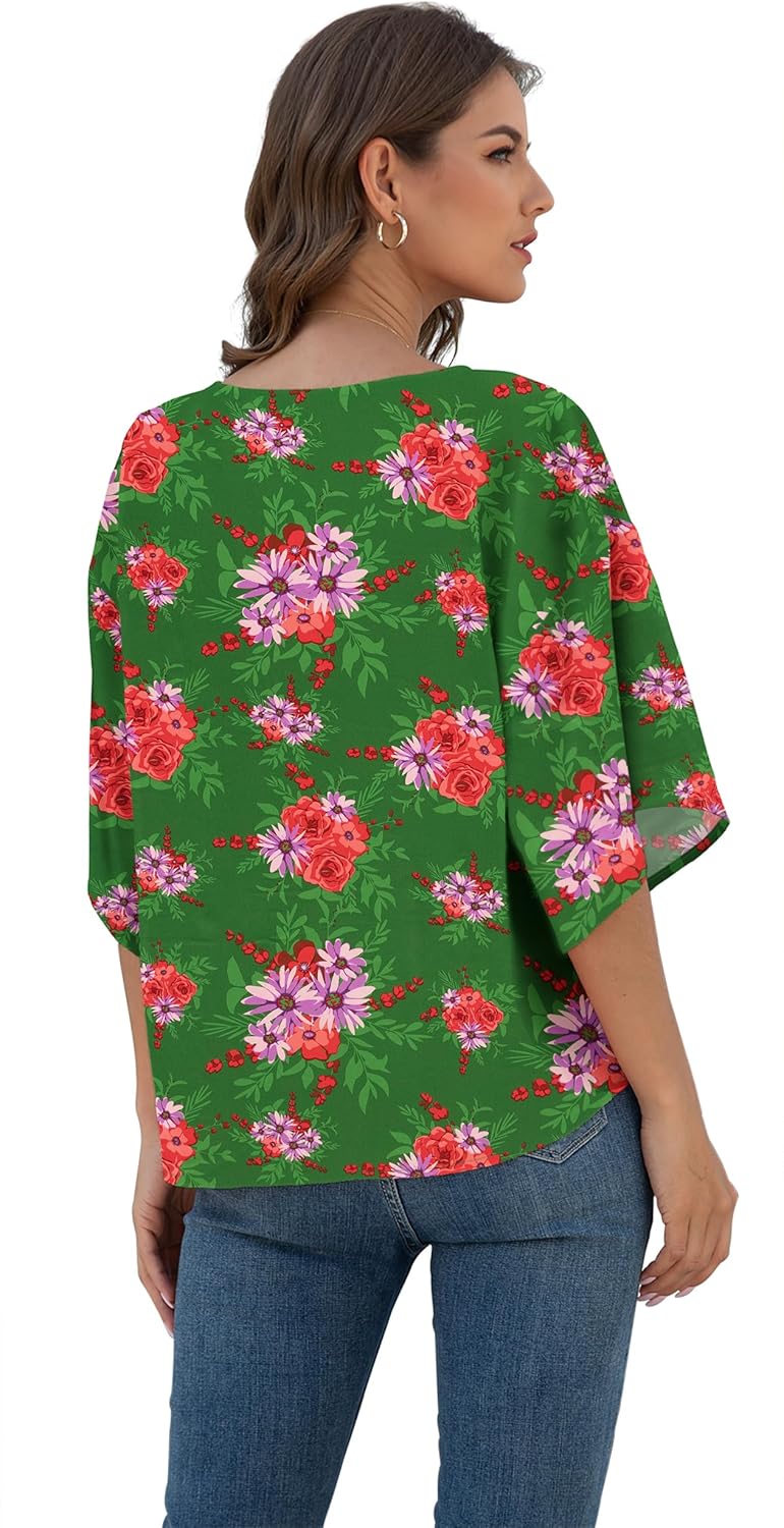 VIISHOW Womens Tie Front Chiffon Blouses V Neck Batwing Short Sleeve Summer Tops Shirts - Image 4