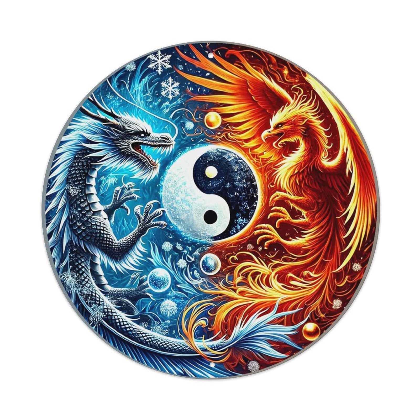 Dragon And Phoenix Yin Yang Pattern Round Metal Tin Sign Vintage Wall Decor, Bar Garage Cafe Kitchen Home Wall Art Poster 8x8inches