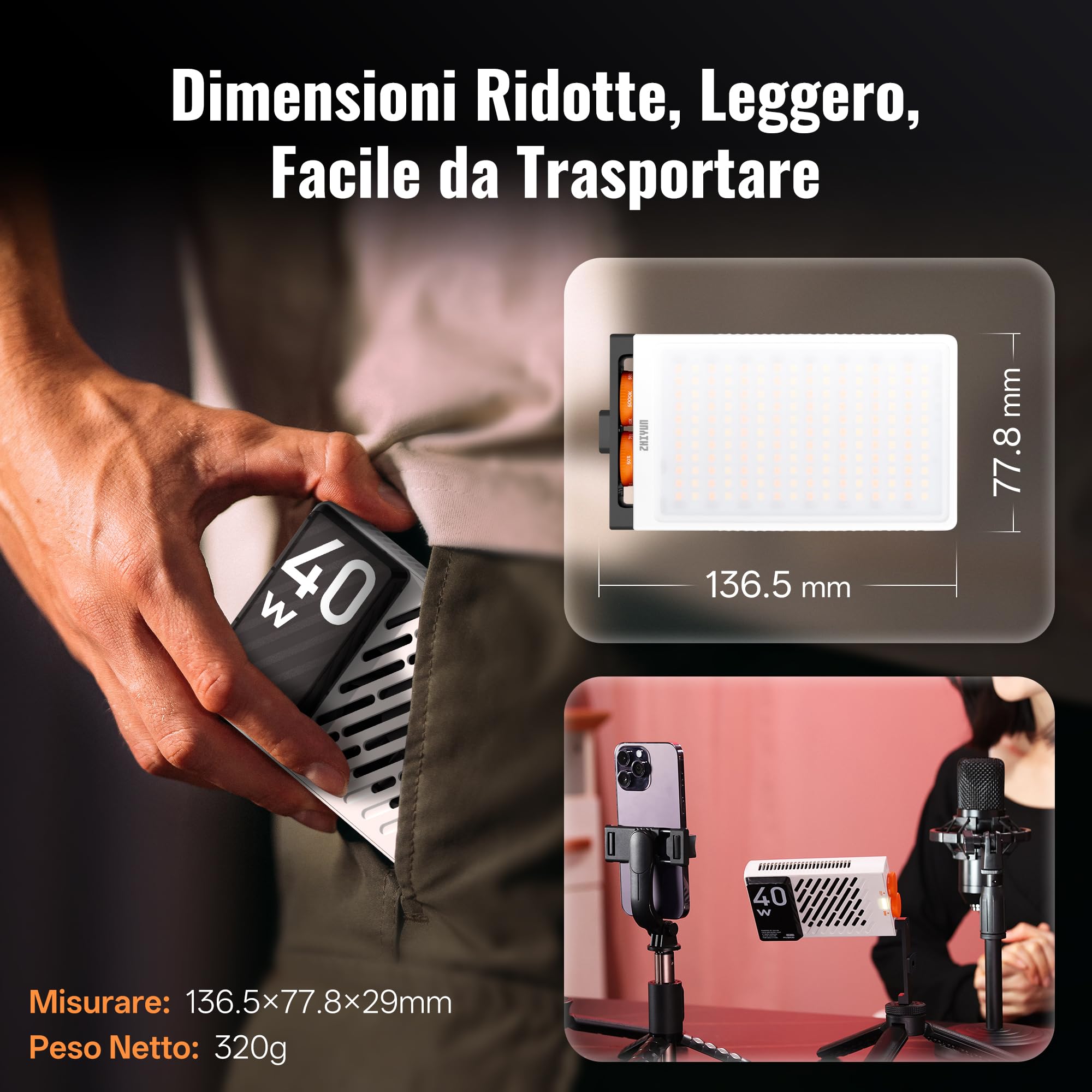 ZHIYUN FIVERAY M40 [Ufficiale] Luce Video LED, 40w Luce Portatile per Fotocamera, 14000 Lux, CRI≥96, TLCI≥97, Illuminazione Fotografica per Live Streaming/YouTube/TikTok, 320g