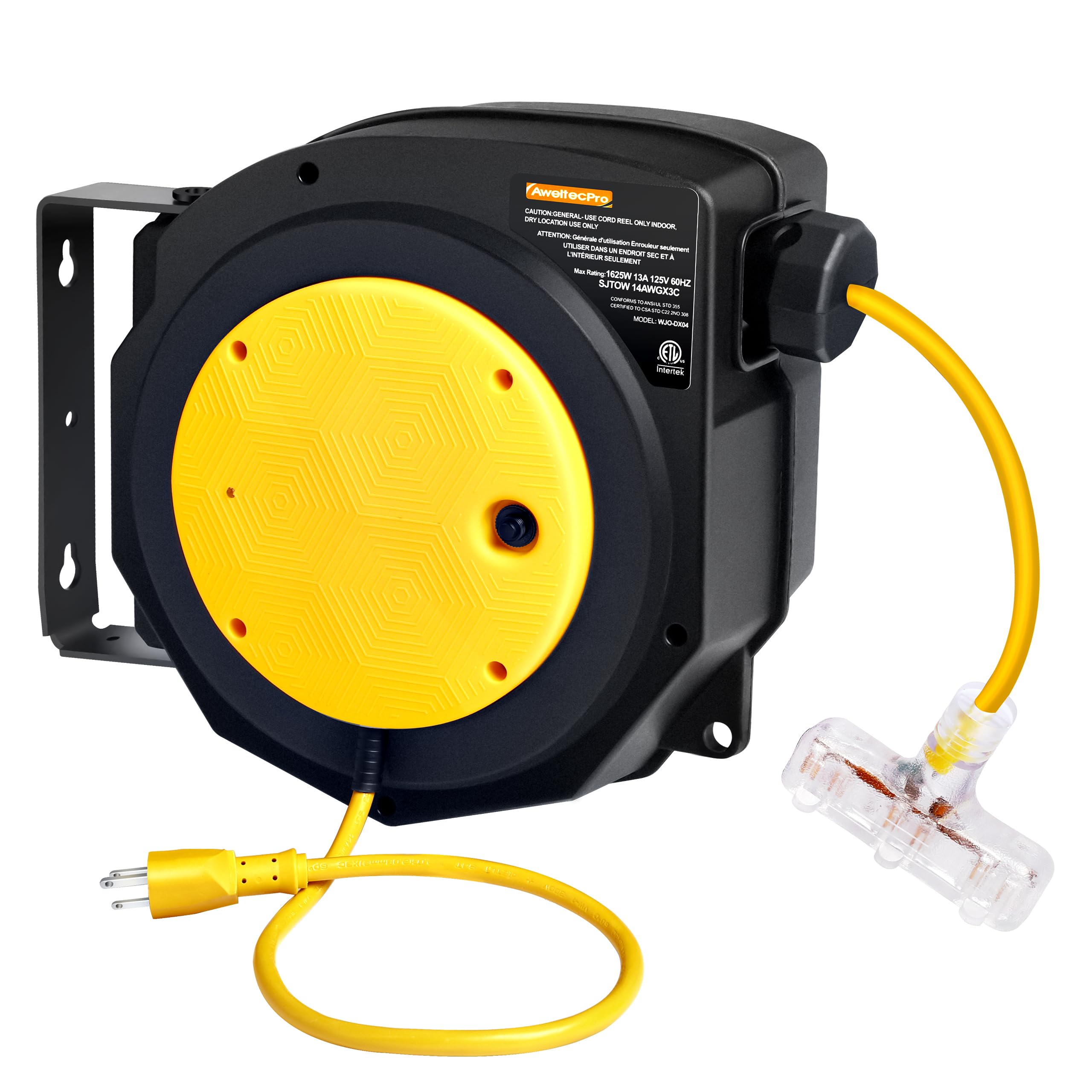 UCOMEN Retractable Extension Cord Reel, 50FT Heavy Duty Cord Reel, 13A Circuit Breaker, Wall/Ceiling Mounted, 14AWG/3C Power Cord Reel with Light-Up Triple Tap for Garage, Workshop, UL Listed, Yellow