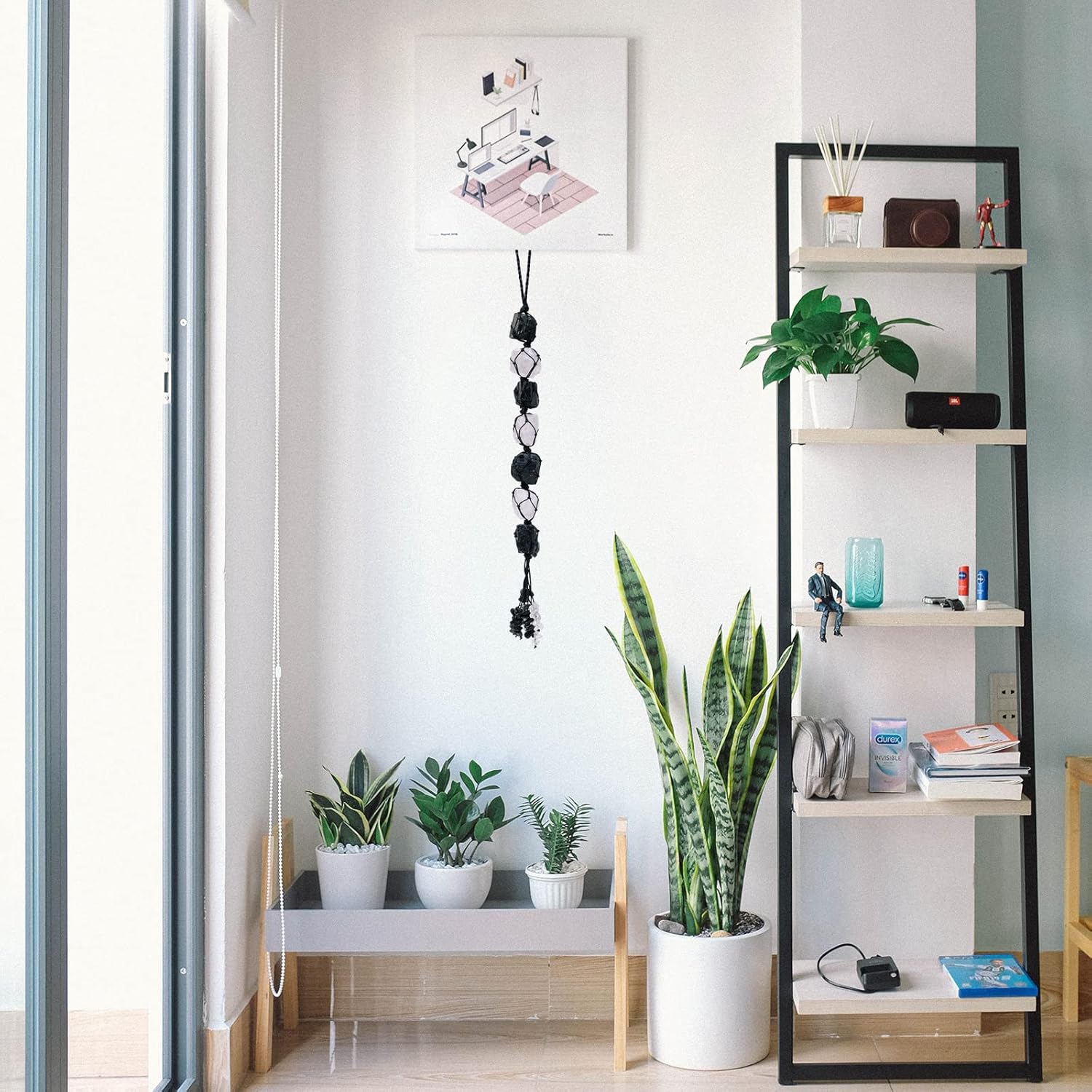 Runyangshi Natural Crystal Black Tourmaline&Clear Quartz Rough Stone Hanging Ornament with Chip Stones Tassels Reiki Healing Meditation Energy Balance Yoga Home Decor Gift - Image 6