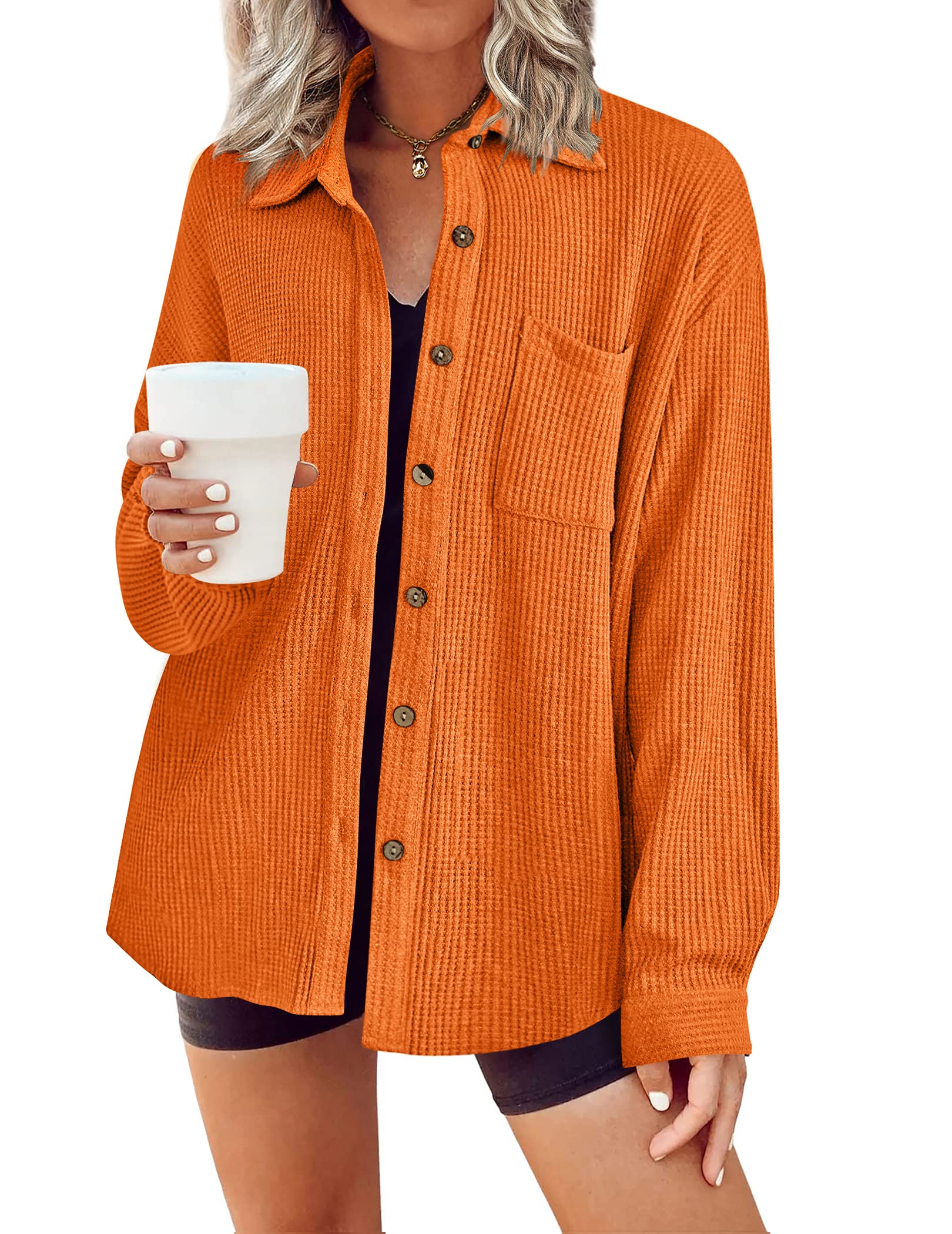 HOTOUCH Waffle Button Down Shirts for Women Dressy Casual Work Shacket V Neck Long Sleeve Lightweight Tops with Pocket