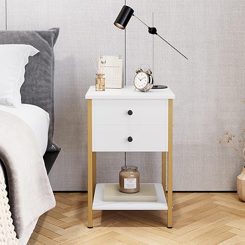 Miniatura 2 de Senfot Mesa auxiliar con cajones mesita de noche de madera mesa auxiliar moderna con almacenamiento para sala de estar dormitorio blanco