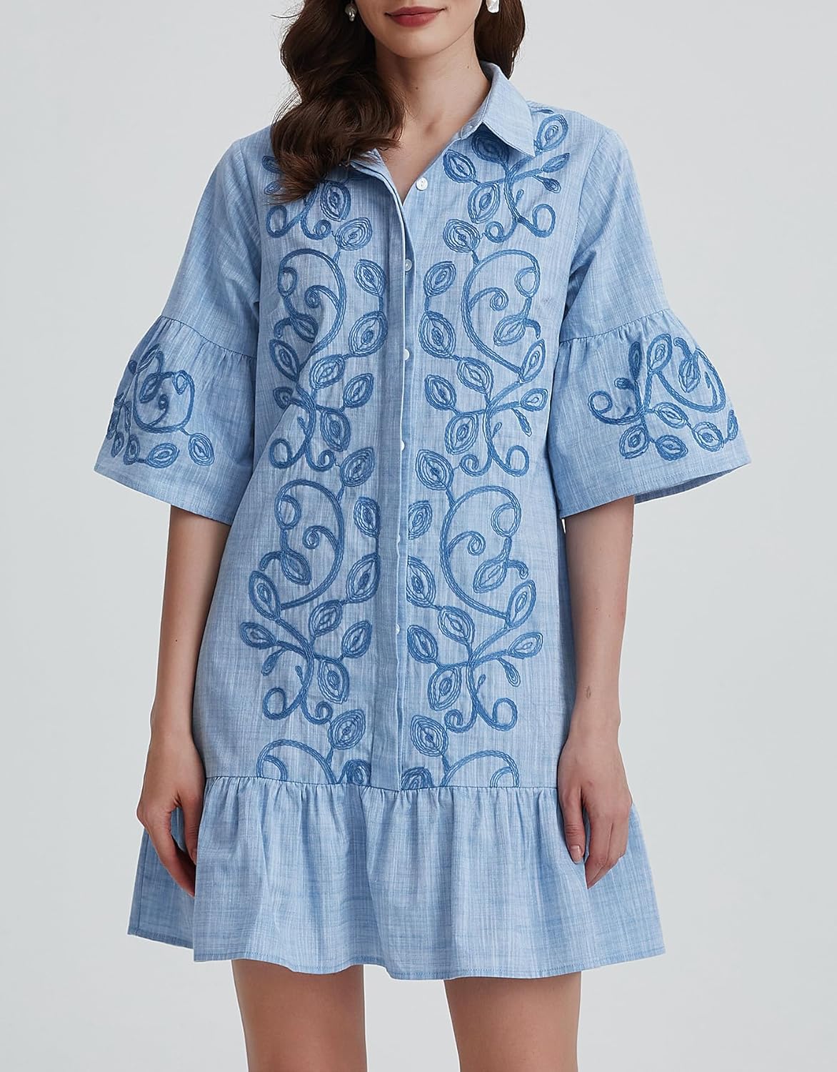 Kedera Women's Summer Button Down Shirt Embroidered Dress Ruffle Sleeve Shift Mini Dresses with Pockets - Image 3