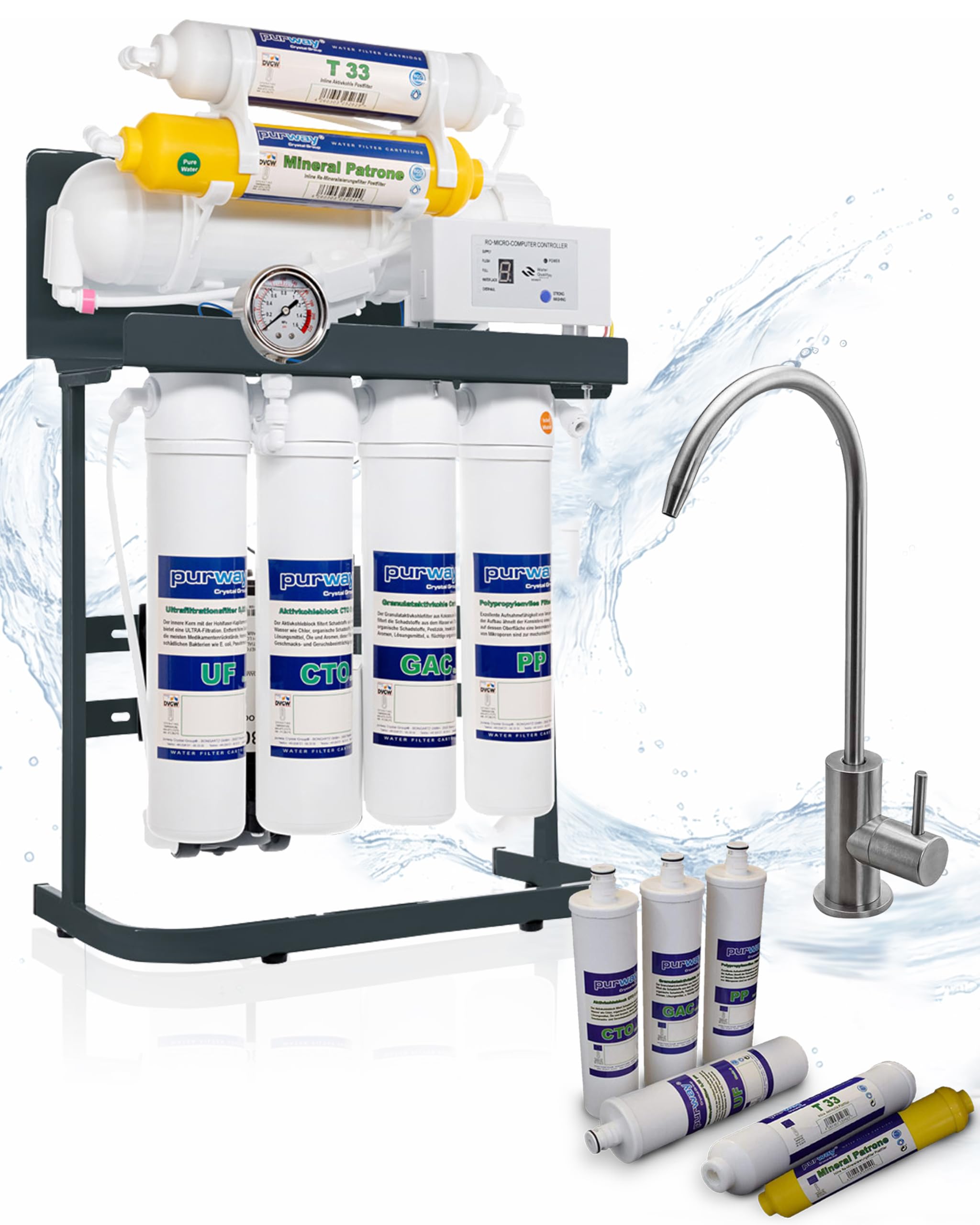 PUR Booster Quick 7 400 GPD - Impianto osmosi + set di filtri di ricambio, 7 livelli, flusso diretto, senza serbatoio | Impianto ad osmosi inversa compatto con filtro per acqua potabile e filtro dell'acqua per osmosi per tutta la famiglia