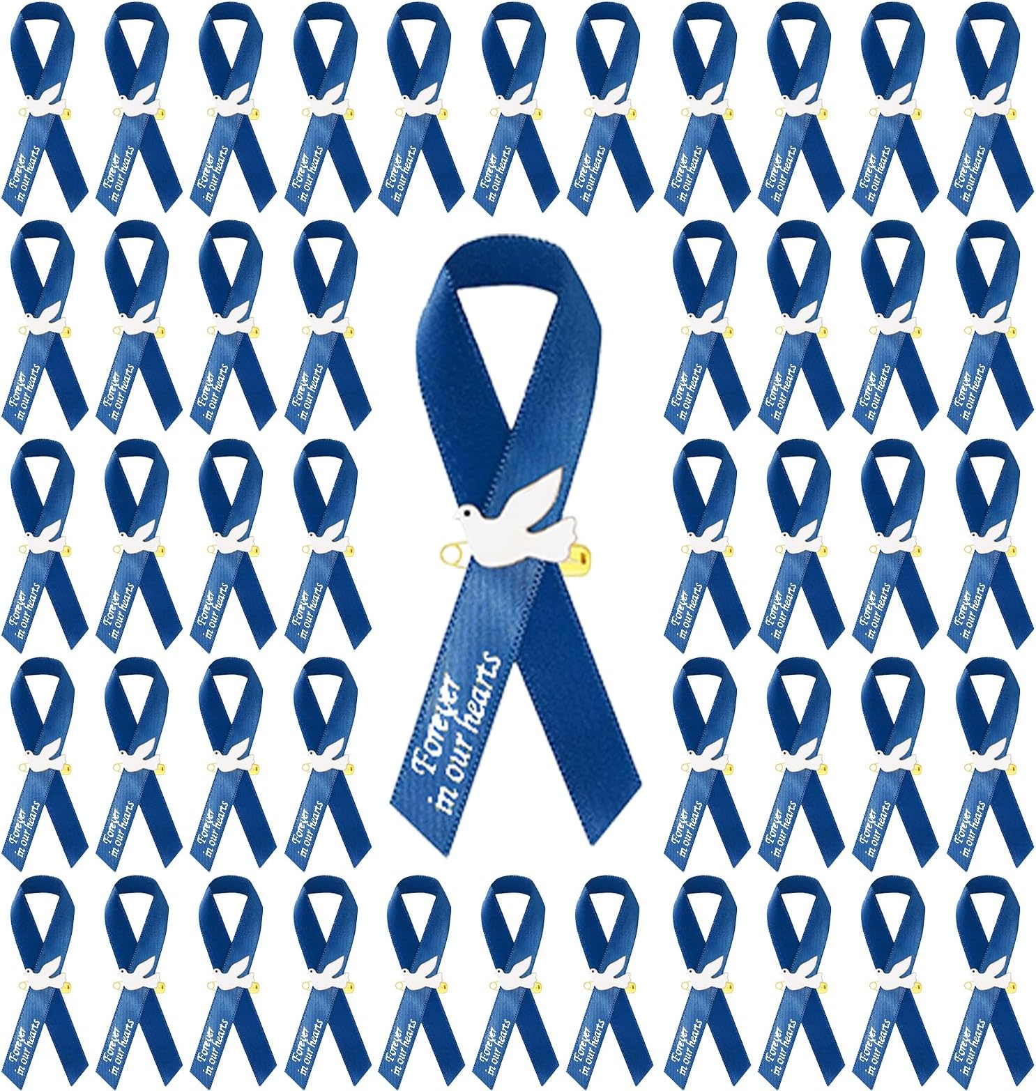 50Pcs Dove Funeral Ribbon Blue Memorial Ribbon, Funeral Ribbon Pins Classic Memorial Service Respect Meditation Ribbon Bow for Mourning Remembrance Day Event Favors (Blue)