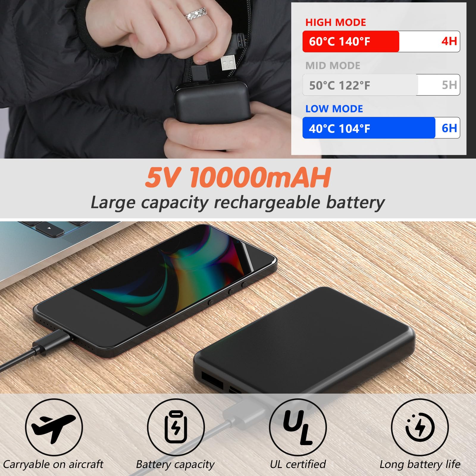 Giubbotto Riscaldato con Power Bank 10000mAh - Giacca Riscaldato con Cappuccio 5 Zone di Calore, 3 Livelli Doppi Controlle per Il Lavoro All'aperto Sci Trekking