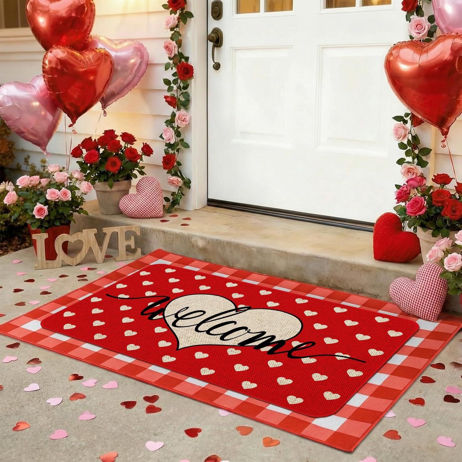 Valentine's Day Welcome Door Mat 30x17 Inch Valentines Heart Doormat for Indoor Outdoor Entrance Non-Slip Washable Floor Mats Valentine Anniversary Wedding Home Decor Rug