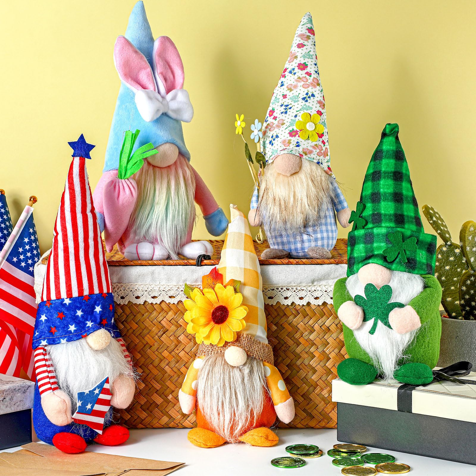 Soulchen 5 Pack Holiday Gnome Plush Elf Decorations Sunflowers Gnomes Summer 4th of July Patriotic Ornaments Seasonal Handmade Faceless Spring Leprechaun Plush Tiered Tray Decor Home Kitchen Decor