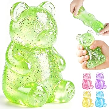 Glitter Bear Squishy Toy, Bear Stress Balls, Squeeze Toys for Kids Adults, Anxiety Relief Sensory Toys Party for Favors Birthday Gifts A-Green