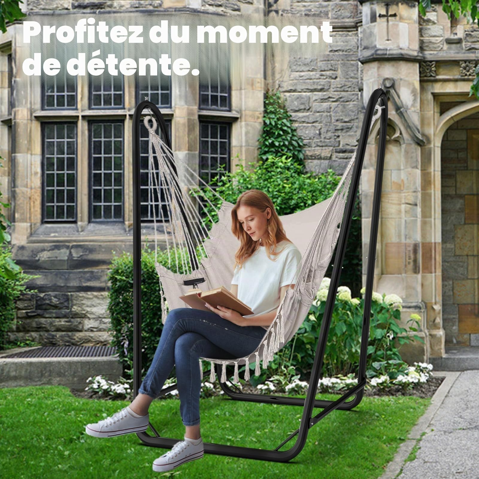 Fauteuil Suspendu avec Armature, Charge maximale de 160 kg, balançoire Suspendue Robuste avec Support pour l'intérieur et l'extérieur, Stable, Fauteuil Suspendu d'extérieur avec Cadre