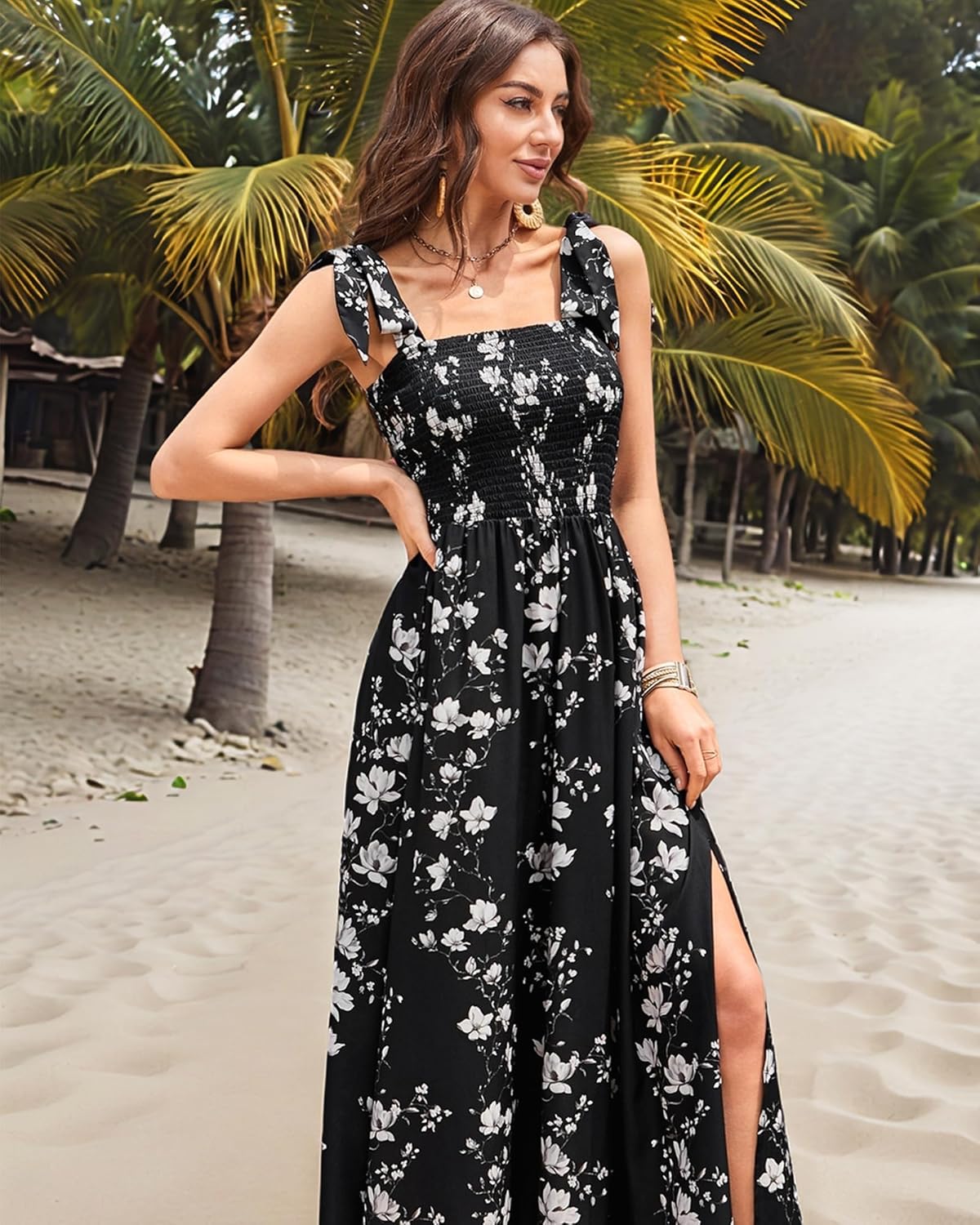 BROVAVE Women Summer Floral Dress: Casual Square Neck Flowy Boho Beach Midi Sundress Sleeveless Tie Shoulder Vacation Daily - Image 4