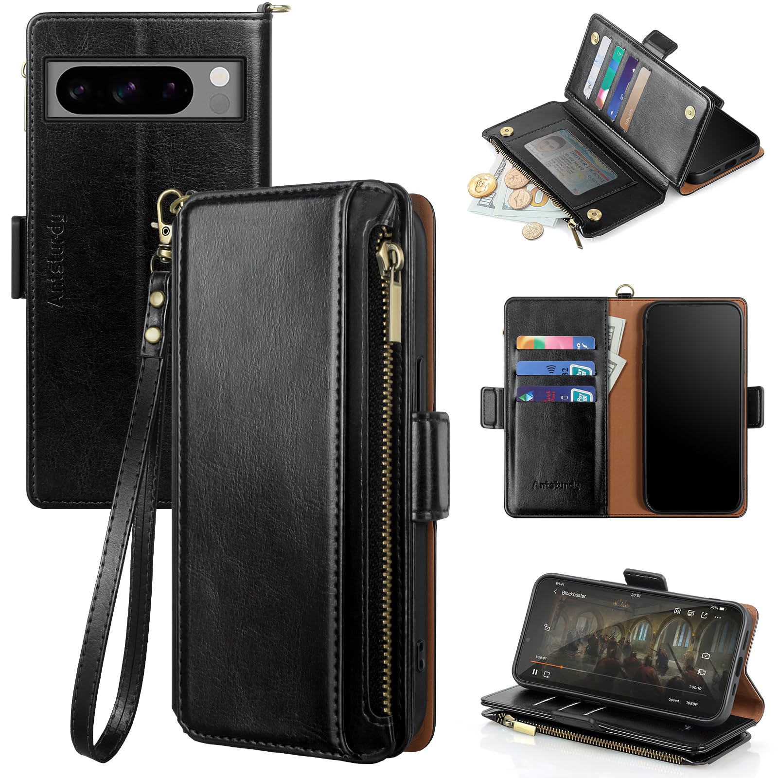 Antsturdy Compatible with Google Pixel 8 Pro Case Wallet with Card Holder Women Men Phone Case RFID Blocking PU Leather Kickstand Flip Protective