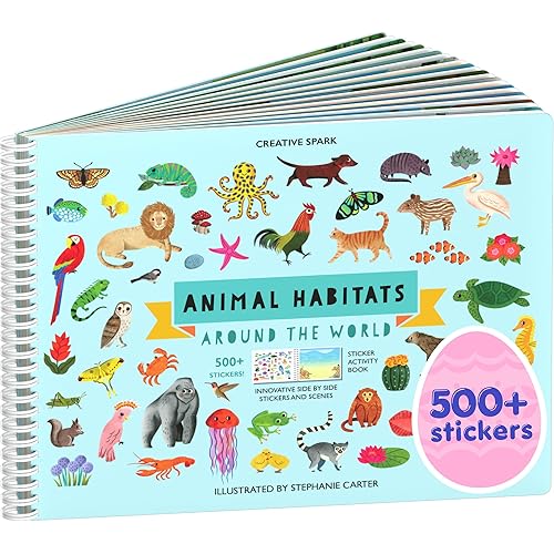 Animals Habitat 500+ Kids Sticker Book by Cupkin Toddler Airplane Travel Activity Coloring and Sticker Book, 12 Coloring Pages + 12 Scenes for Children's of 2-8 Years, Easter Gifts for Kids