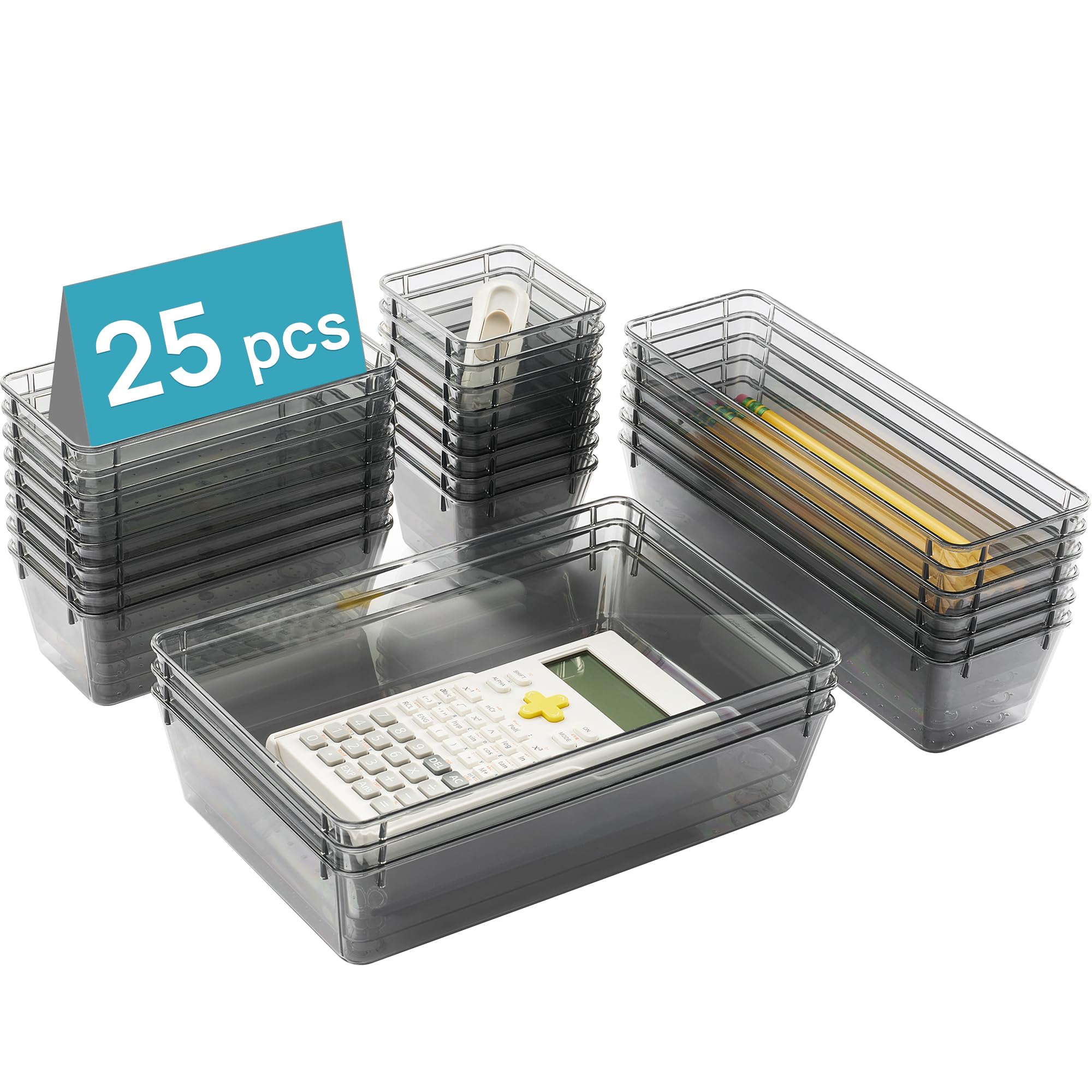 Vtopmart 25 PCS Office Desk Drawer Organizers Set, 4-Size Versatile Plastic Drawer Organizer Trays, Storage Bins for Desk Accessories Office Organizers and Storage, Bathroom, Makeup, Vanity