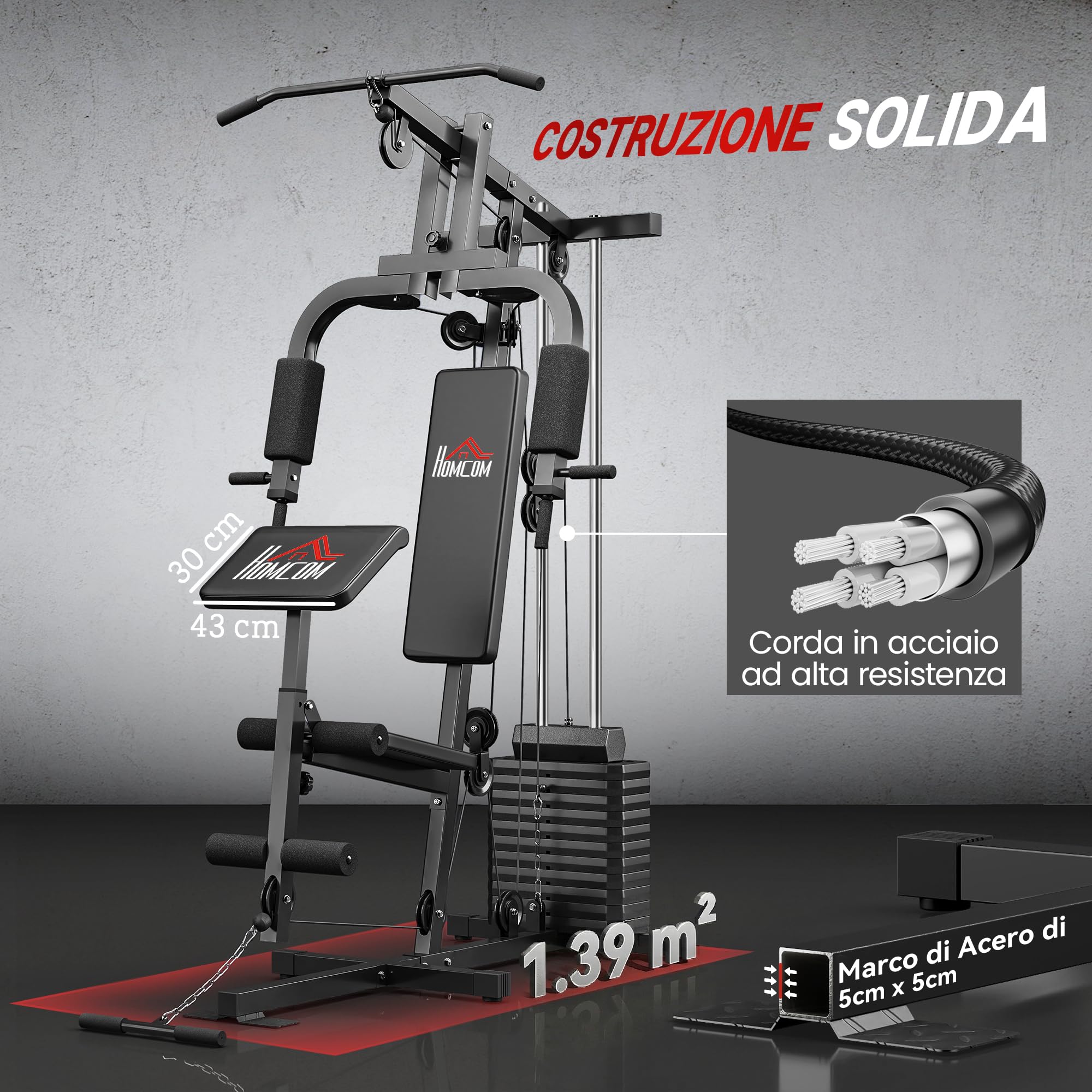 HOMCOM Power Tower con Seduta e Schienale Imbottiti Pesi da 65 kg, Stazione Fitness con Chest Press, Butterfly, Leg Curl, Dischi e Barra per Trazioni e Dip per Home Gym Casa, 135x103x210cm