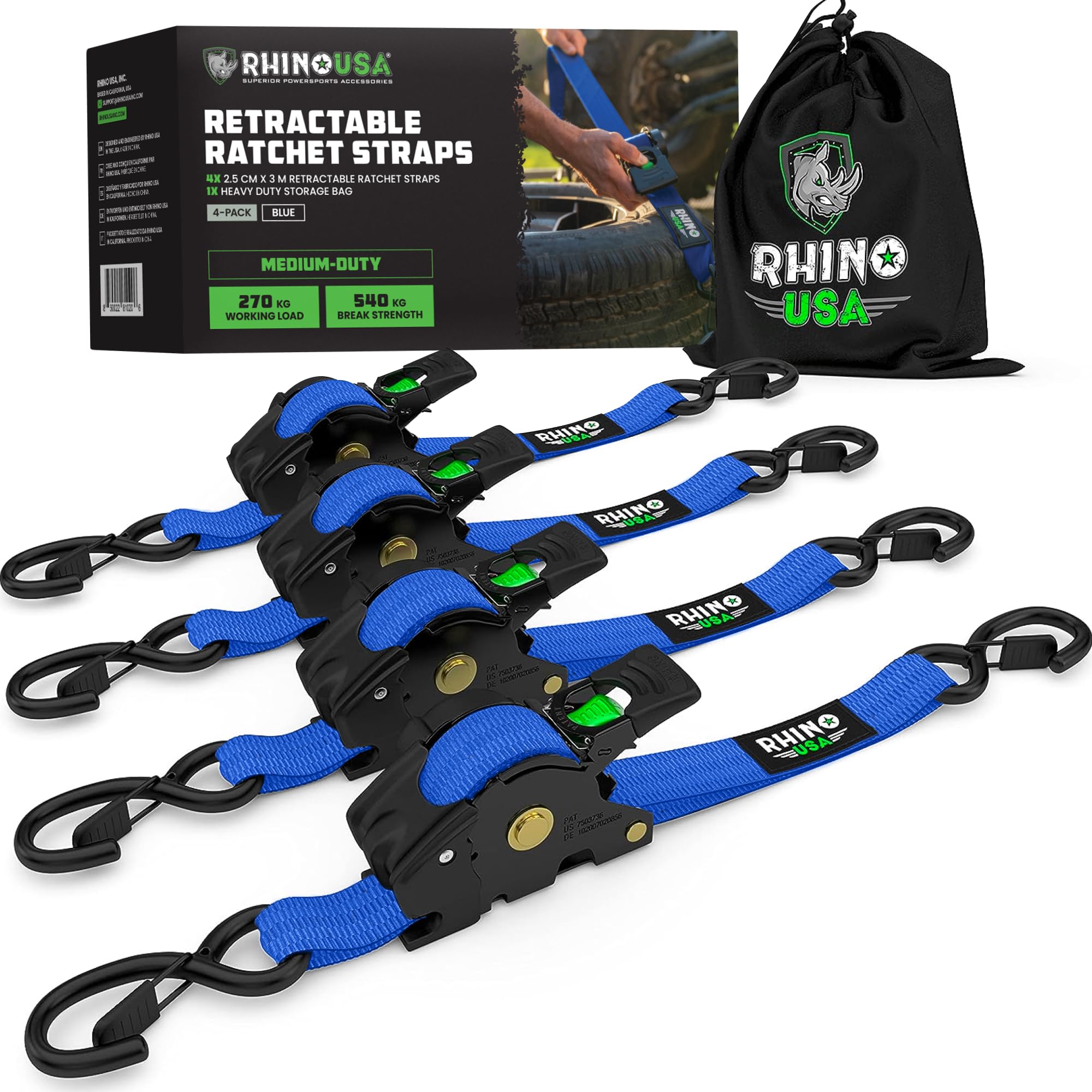Rhino USA Retractable Ratchet Straps (4-Pack), 2.5cm x 3m (540kg Break Strength)