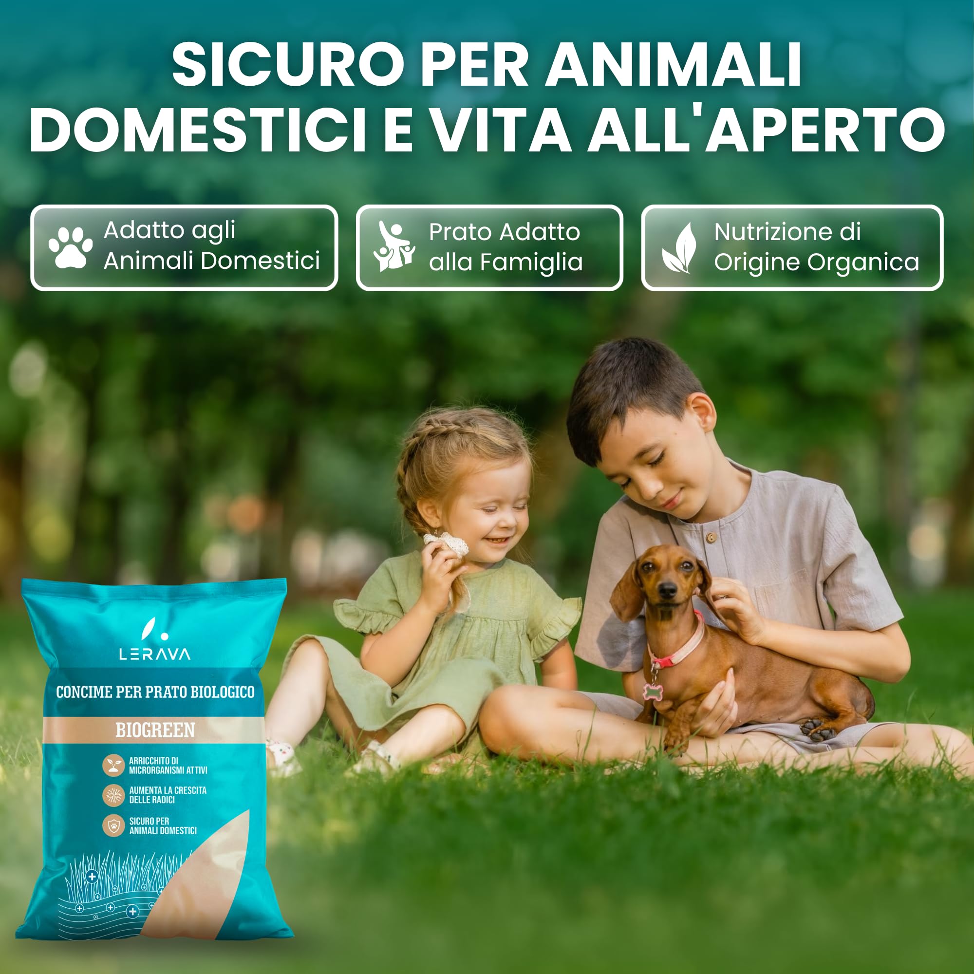 LERAVA BIOGREEN Concime per Prato Biologico (9 kg) - Fertilizzante Rinverdente Starter Granulare da Letame - con Microrganismi Attivi - Copre 225 m² - Sicuro per Animali Domestici