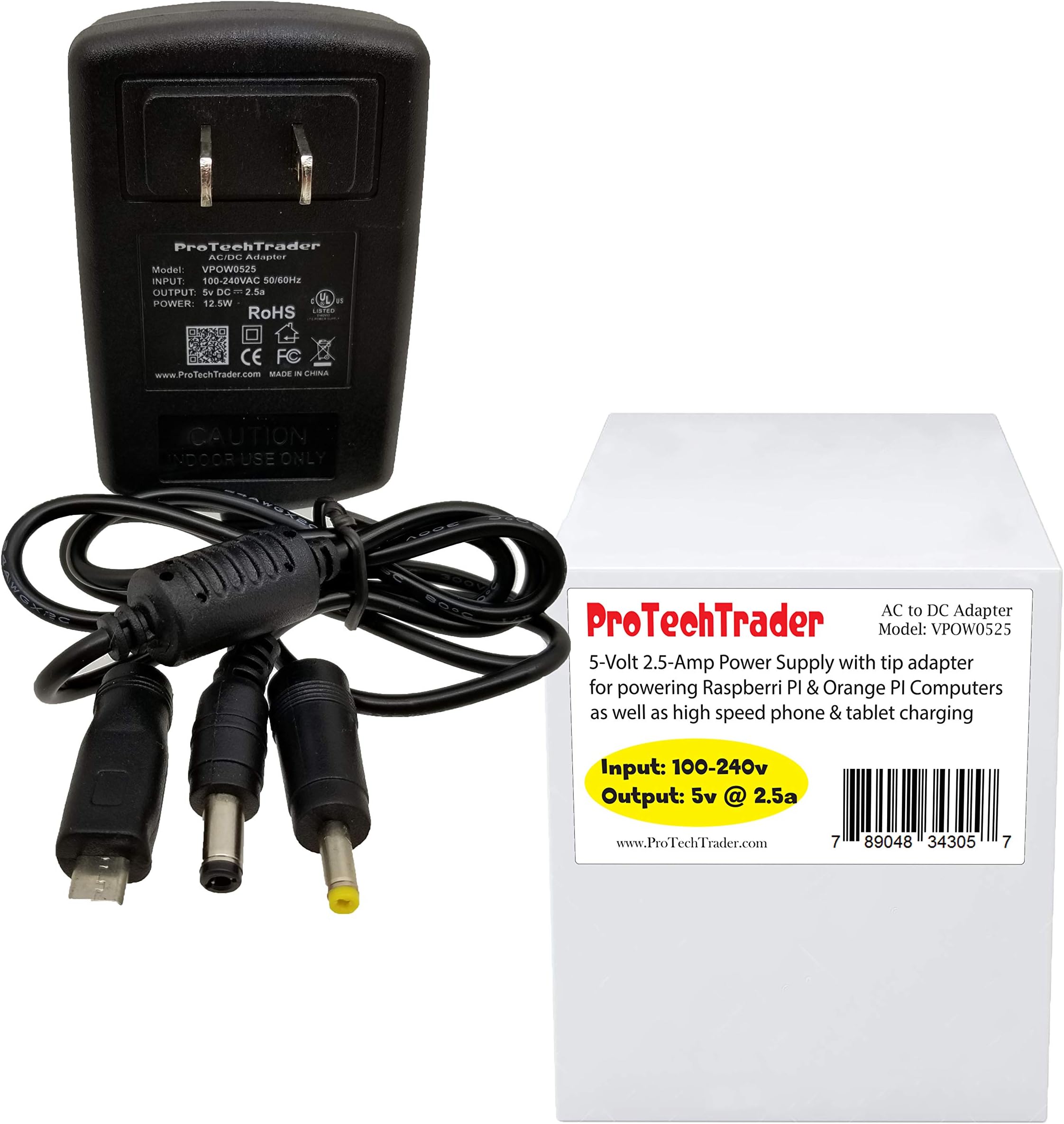 ProTechTrader 5V 2.5A Raspberry Pi & Orange Pi Power Supply SBC Adapter Kit 5.5 x 2.5mm Supply Tip with RPI Micro USB and OPI 4.0x1.7mm Converter Tips - 5 Volt DC 2500ma UL Listed