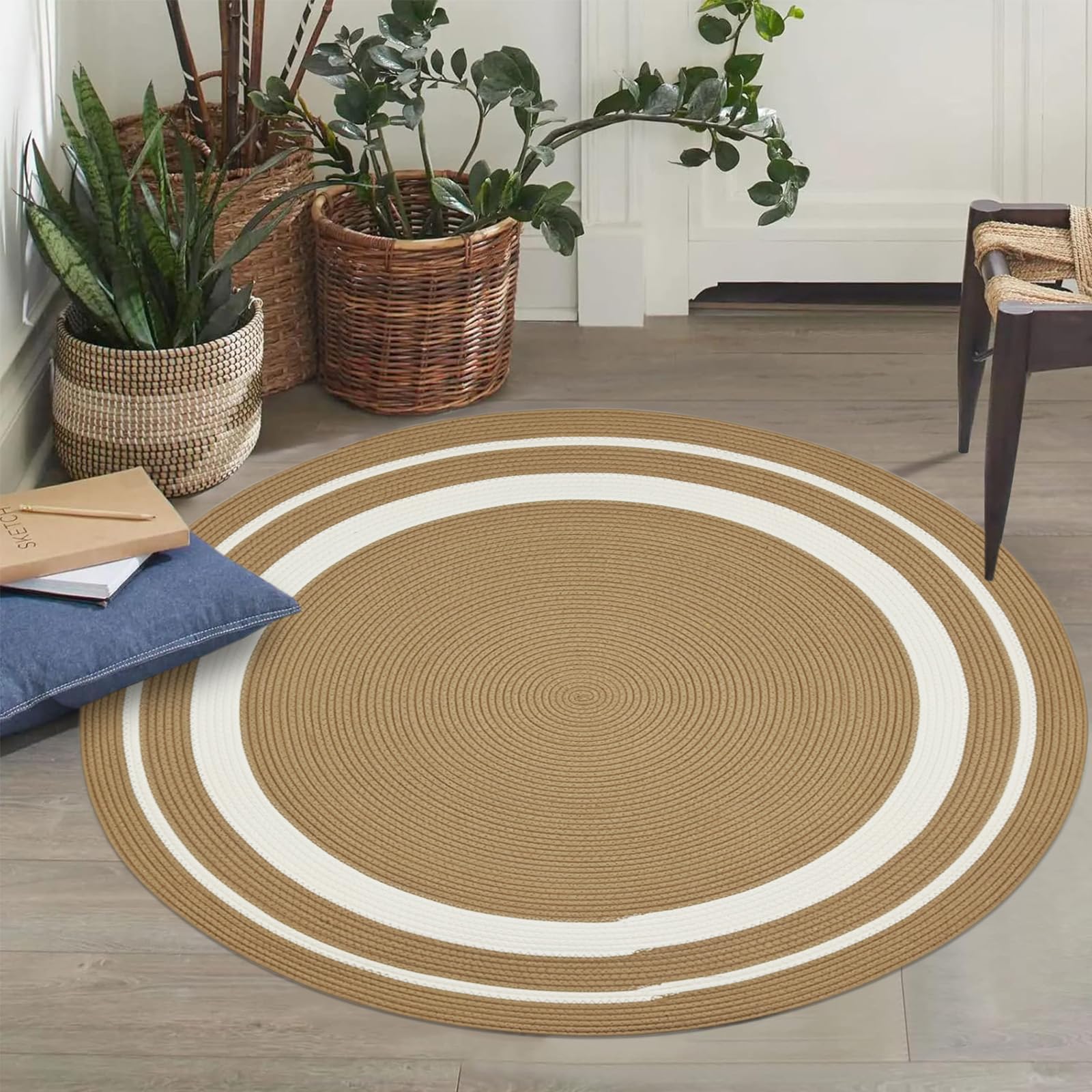 USTIDE Tapis tressé en coton tressé rond beige naturel bohème vintage pour terrasse, chambre à coucher, salon, entrée, rond, 120 cm