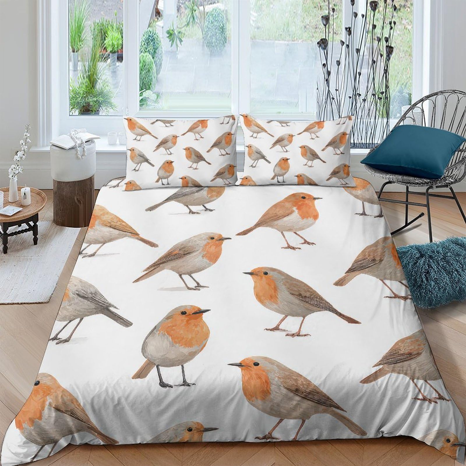 Ctjqhvkz Style-6 3D Printed Robin Bird Fitted Sheet Microfiber Soft Bedroom Bed Cover Orange Brown Birds Mattress Protection Decor Single（135X200cm）