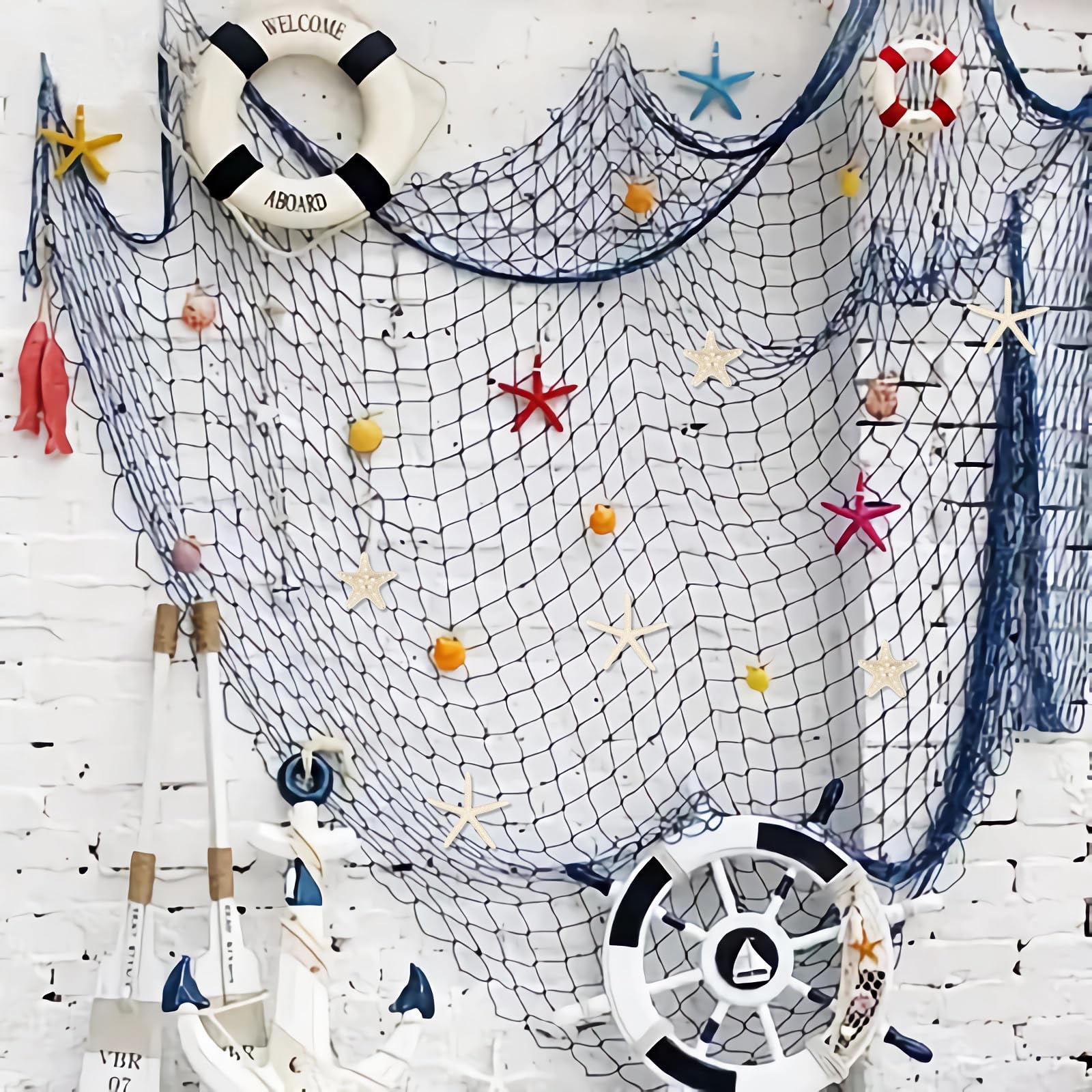 79 x 59 inch Nature Fish Net Wall Decoration with Colorful Sea Shells and 10 Pcs Natural Starfish Ocean Themed Mediterranean Style Fishing Net for Beach Party,Wedding,photography Wall Decoration