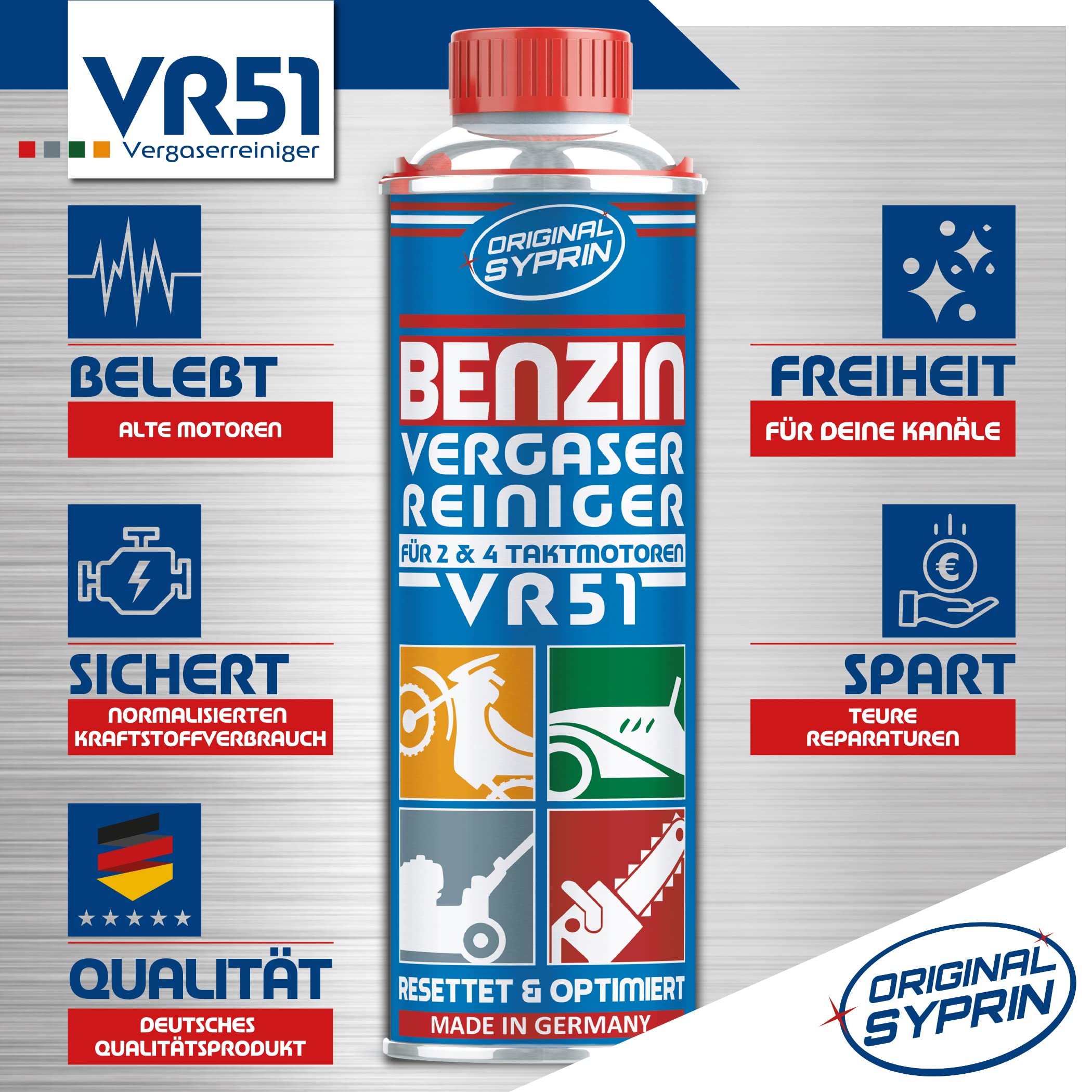 SYPRIN Originale Carburetor Cleaner VR51 per Motori a Benzina a 2 Tempi - Adatto per Auto e Moto I Additivo per la Pulizia del carburatore Additivo (250ml) (750ml)