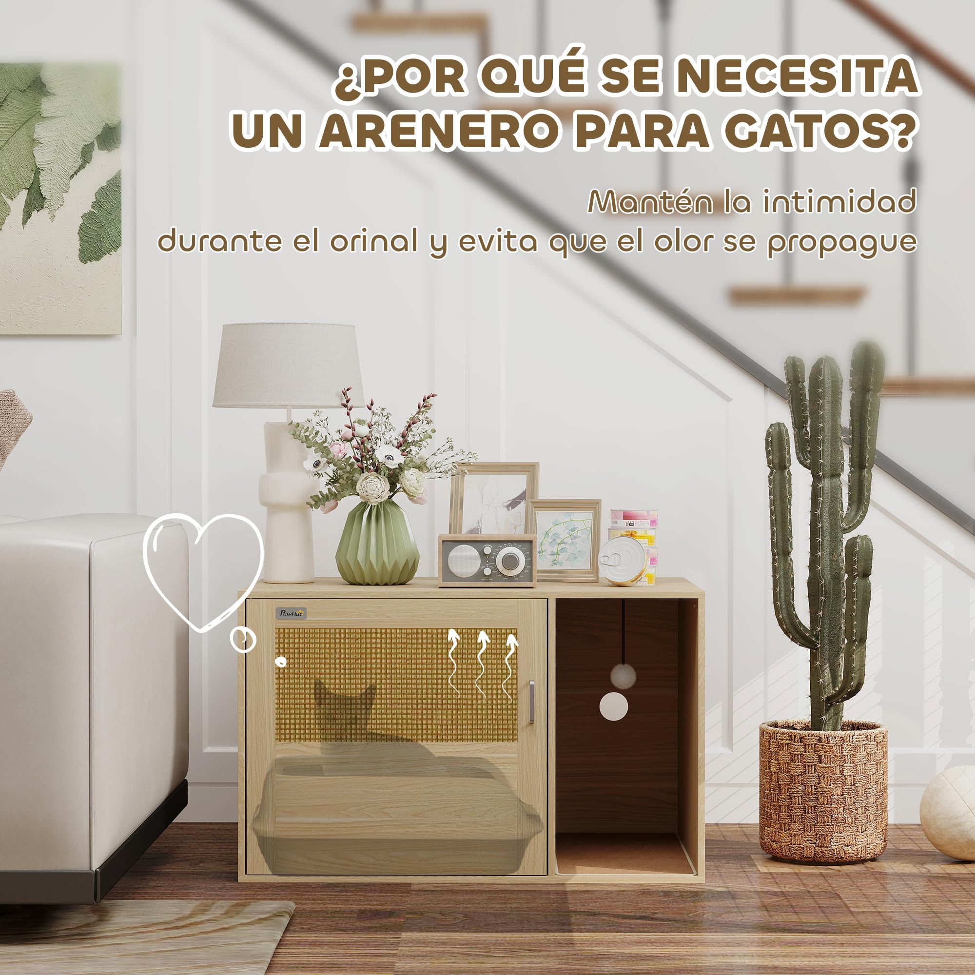 PawHut Mueble Arenero para Gatos Puerta de Ratán 80x50x50 cm Roble | Caja de Arena para Gatos, Almohadilla para Rascar, Mesa Auxiliar, Salón, Dormitorio