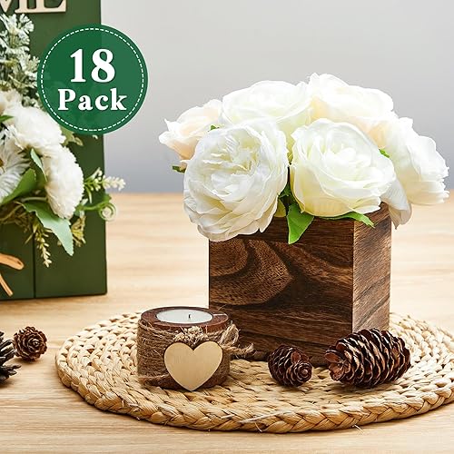 Miniatura 10 de Dandat Juego de 24 macetas de madera en forma de cubo de madera, jarrón cuadrado de madera, caja rústica con forro de plástico extraíble, bloques de