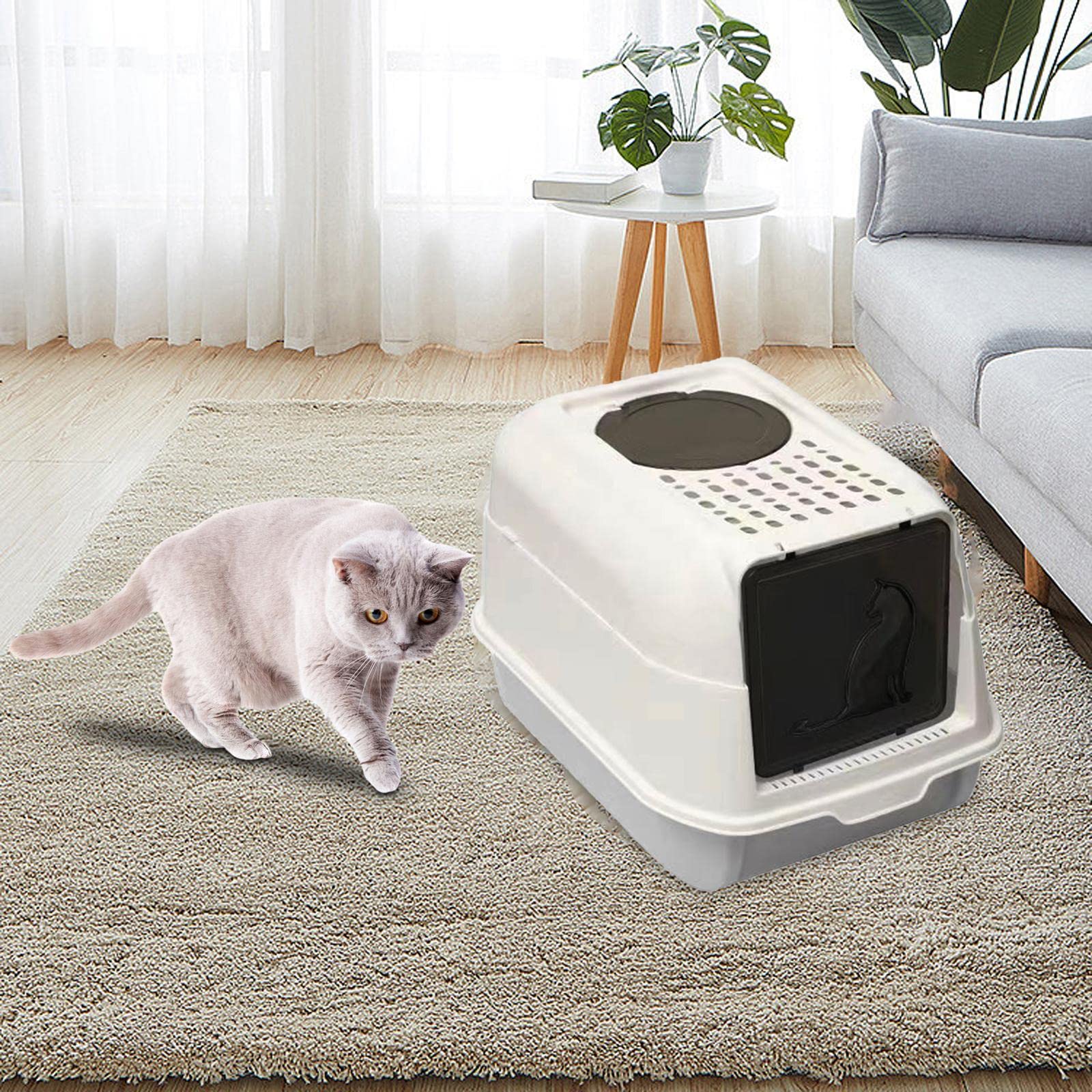 Caja de Arena para Gatos con Tapa Removible Bandeja Higiénica Cerrada con Entrada Amplia Arenero con Lados Diseño Práctico a, Gris