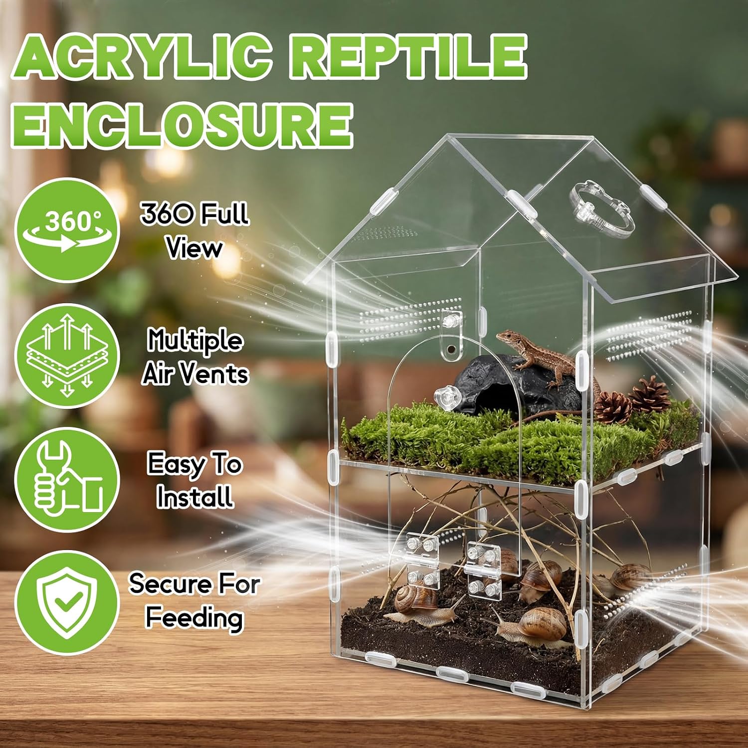 Acrylic Jumping Spider Enclosure,7.9"×7.5"×13.8", 2-Layer Arboreal Tarantula Enclosure with Partition & Feeding Hole, for Gecko Amphibians Chameleon & Small Reptiles