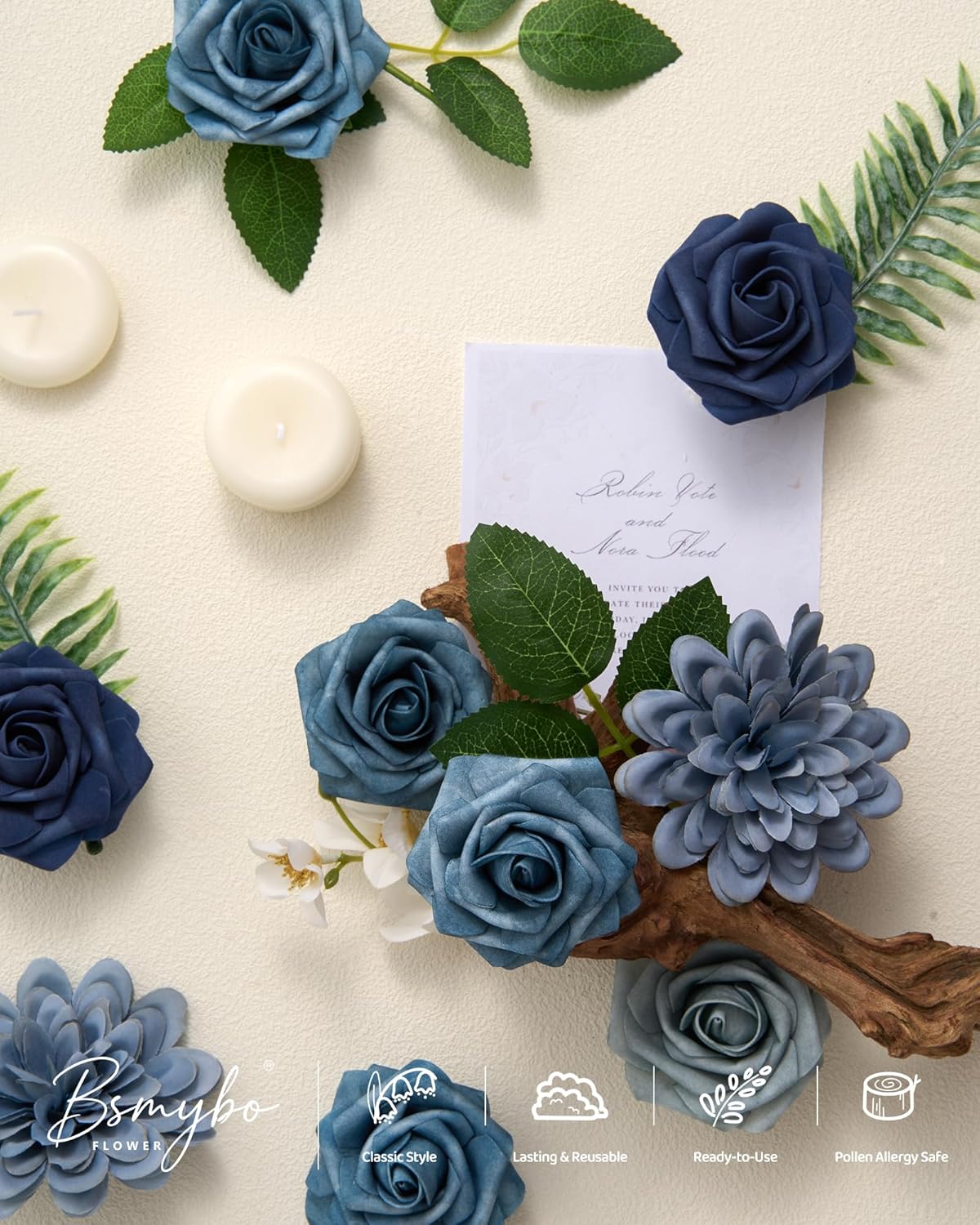 Dusty Blue Flower Artificial Roses Faux Flowers with Stems Mix Fake Roses Dahlia Chrysanthemum Ball for Wedding Bridal Bouquets, Table Centerpieces, Baby Shower, Party, Home Decorations