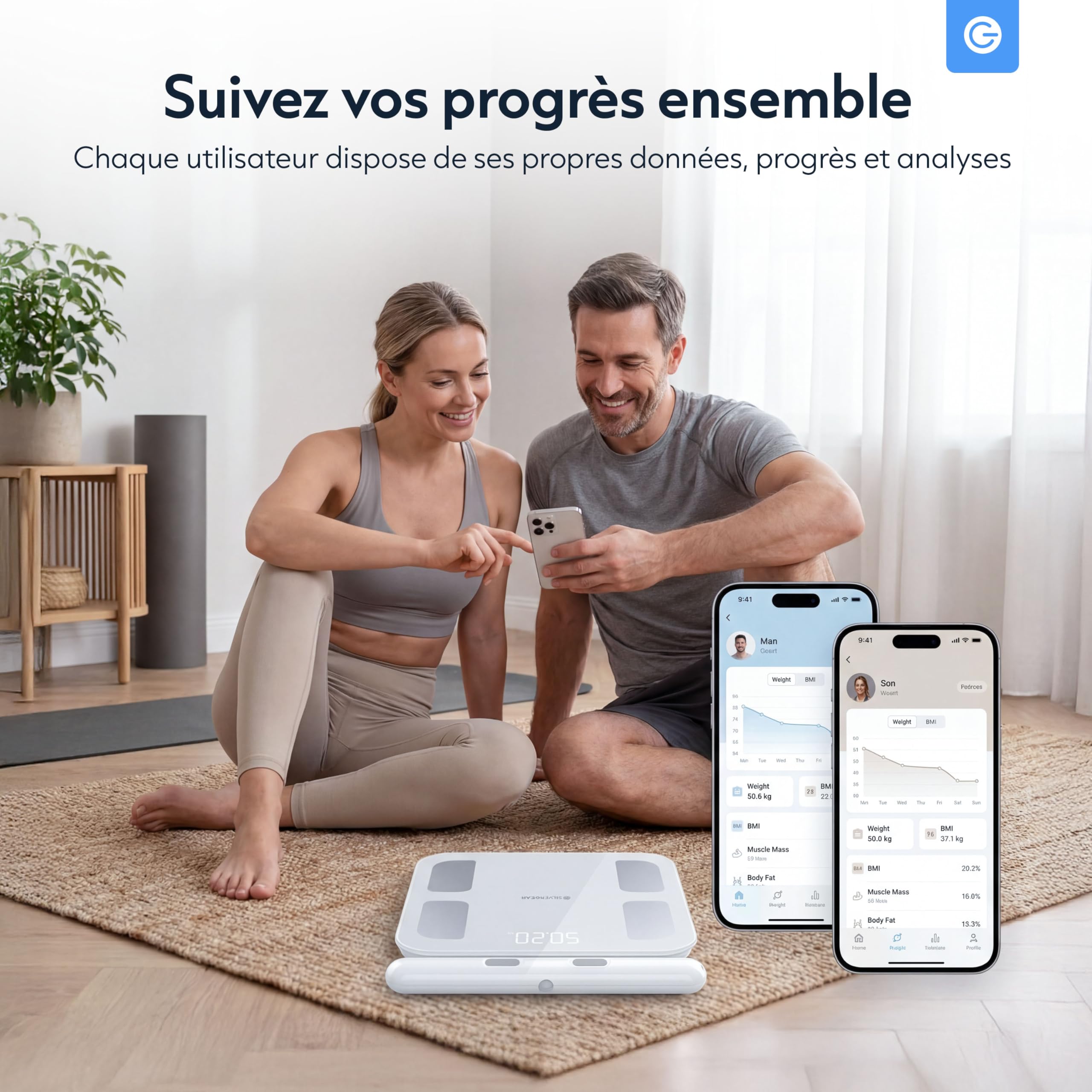 Silvergear® Pese Personne avec Poignée | Balance Pese Personnes | Analyse de Graisse Corporelle, Masse Musculaire, IMC, Poid des Os, BMR, Fr. Cardiaque | Impédancemètre avec App | Blanc