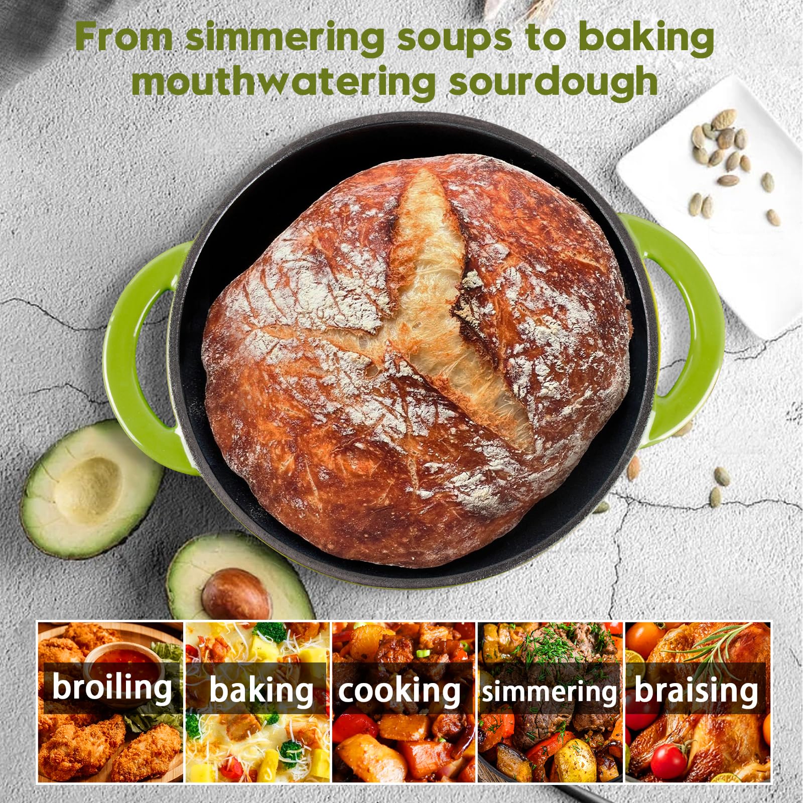 AILIBOO Cast Iron Dutch Oven for Bread Baking, 2.6QT Dutch Oven Pot with Lid, Aesthetically Pleasing and Easy to Clean, Perfect for Everyday Cooking, Bake Delicious Bread and Make Elegant Gifts, Effective Cooking Tool Green